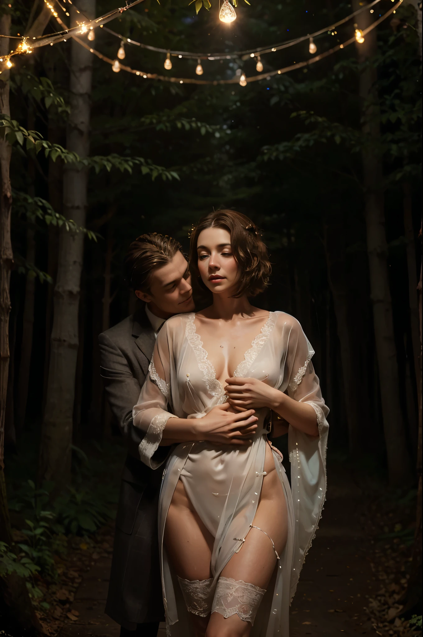 A thin man in a suit hugs a naked white-skinned woman with short brown hair in an open light transparent lace robe with lights flying around her, flocks of lights swirl around the body, but a night path in a magical forest, huge glowing mushrooms, Dramatic fairytale lighting, Lots of lights, hairy pubis