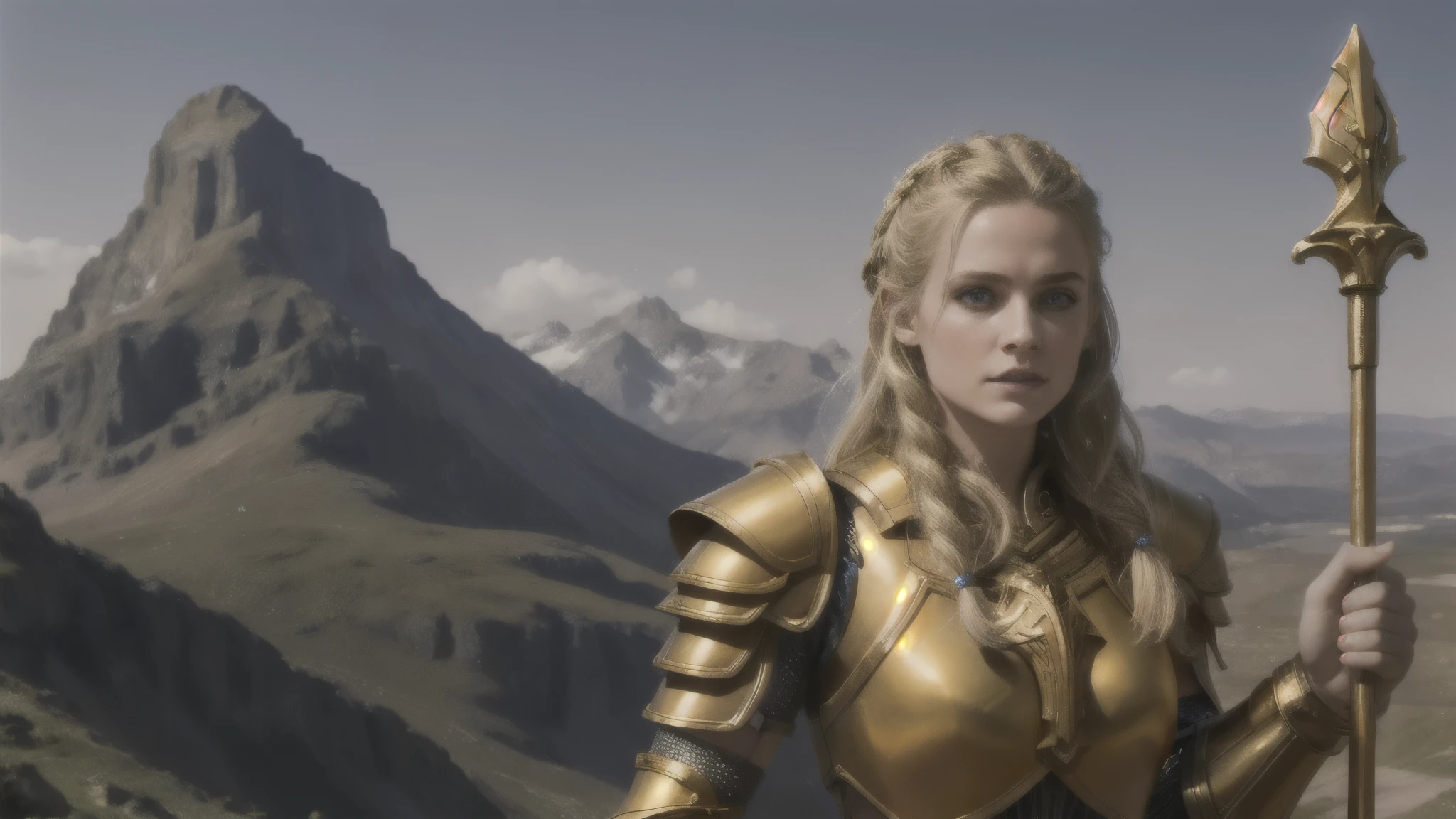 An official art masterpiece in 8k resolution, featuring a beautiful blonde girl in ultra-detailed golden plate armors, standing triumphantly on a mountain top. The scene exudes high quality and best quality aesthetics, with a breathtakingly beautiful and aesthetically pleasing blonde girl. Her long, intricately braided viking hair cascades down her back, framing her intense blue eyes. The background is dominated by an intense, blazing sun, casting long, dramatic shadows and bathing the scene in a warm, golden light. The level of detail is astonishing, from the intricate textures of the armor to the deeply expressive portrayal of the girl's face. With one arm raised high, she brandishes a spear, embodying a sense of strength and determination she is a deity of dwarfs (((((Strong Jaw Line))))(((((MUSCULAR )))))((((GOLDEN ARMOR)))))