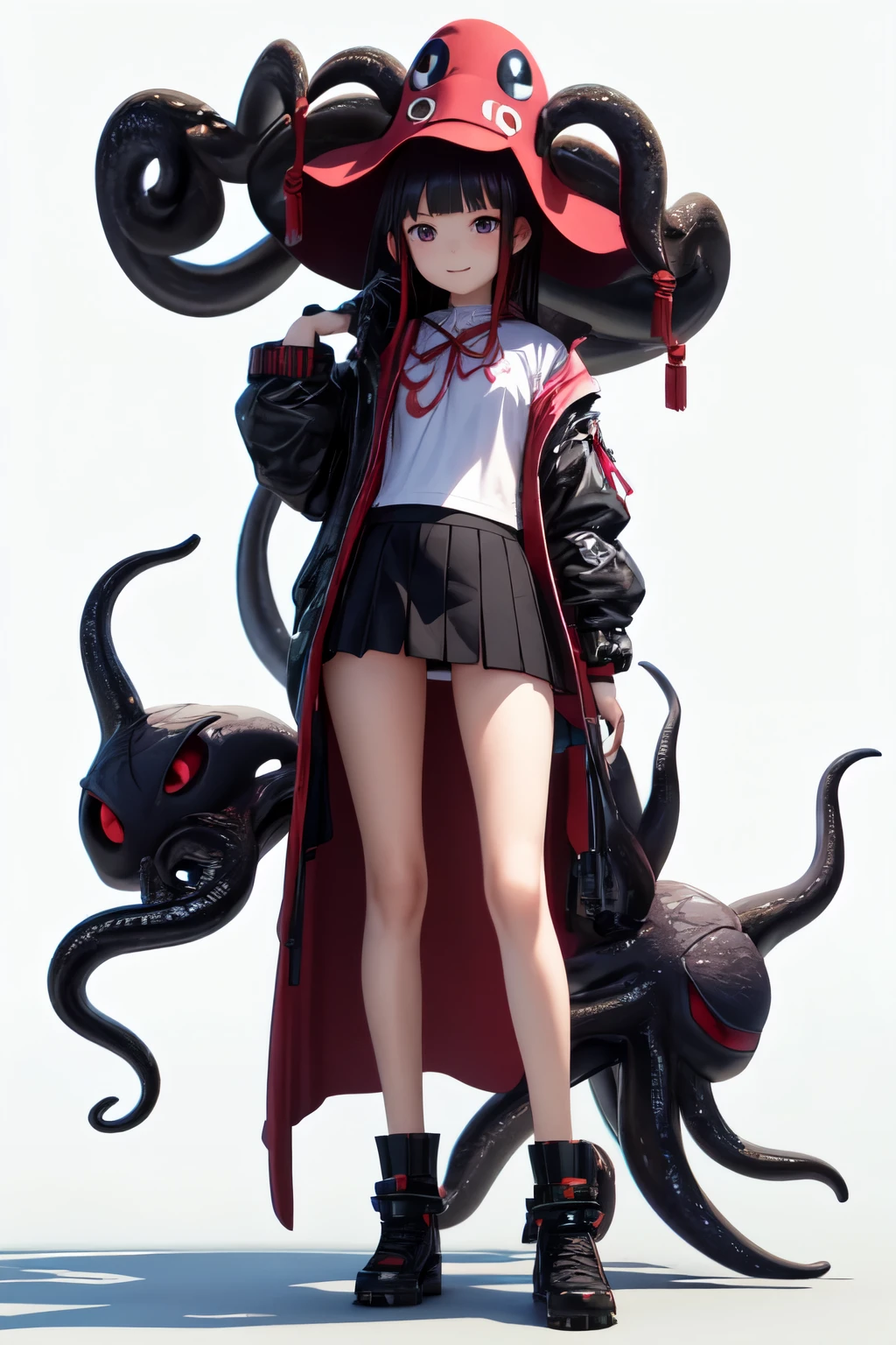 ((最好的质量)), ((杰作)), (详细的), 完美的脸, full body portrait, anime secondary, loli, cunning, 3d modeling, octopus hat, cthulhu, virtual anchor, more accessories, short skirt, cyberpunk, high resolution, white background