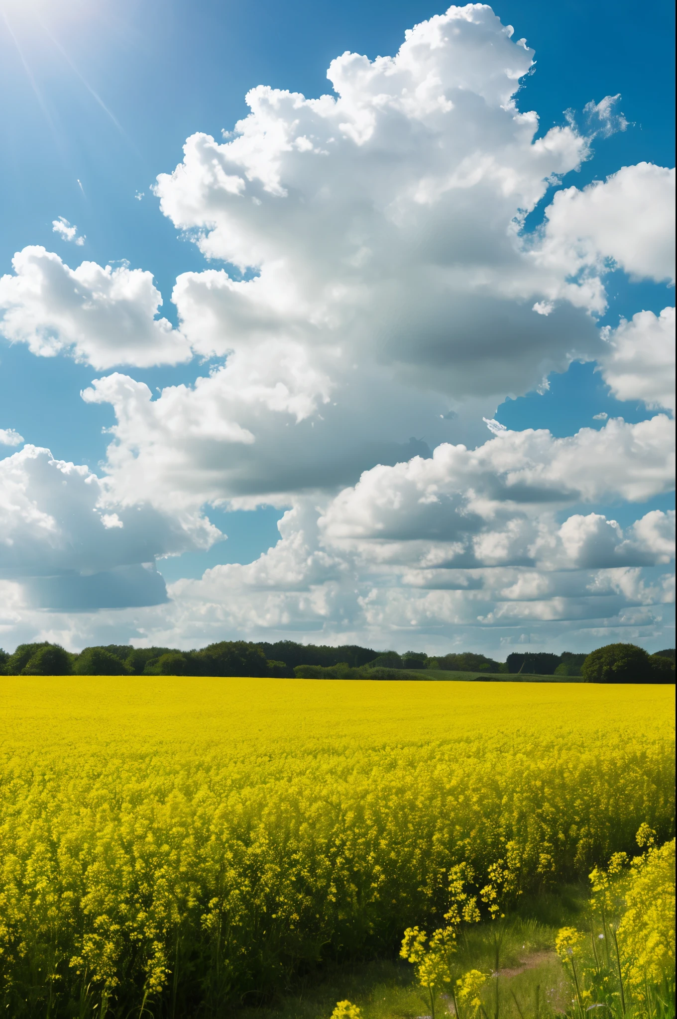 Rapeseed field The upper half of the screen is a clear sky vast land endlessly expanding sun in the sky