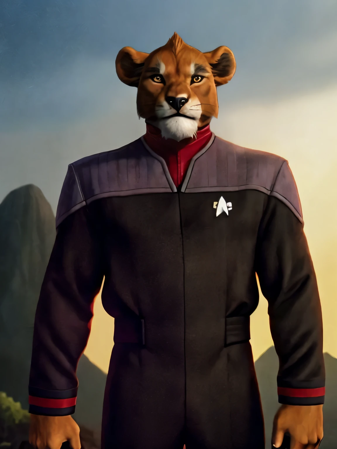 «»A photorealistic portrayal of a barefoot Scar (beefy lion with orange fur, black mane with with white strand, from Lion King) dressed in a ds9st black and grey uniform with red collar. Scar should be posed with a determined and fighting stance of Starfleet captain, holding a phaser (Star Trek gun) in hands. The background should be green nature with landing star ship USS Voyager on horizon (Star Trek vessel). The lighting should be bright and focused on the captain Scar, highlighting its rugged features. The camera shot should be a full-body shot, capturing the lion's powerful presence and the fine details of its ds9st uniform. The resolution should be 8K or higher to showcase the majestic textures of the lion's fur and the star ship behind him. The render style should be coloufull and should aim for a professional and polished look, suitable for an TV advertisement or a scifi-themed magazine cover. (((Scar from Lion king))), (((ds9st))), (((nature shot, star ship on the backround))), (((bright lighting))), (((full-body shot))), (((8K resolution))), (((professional render style))).»