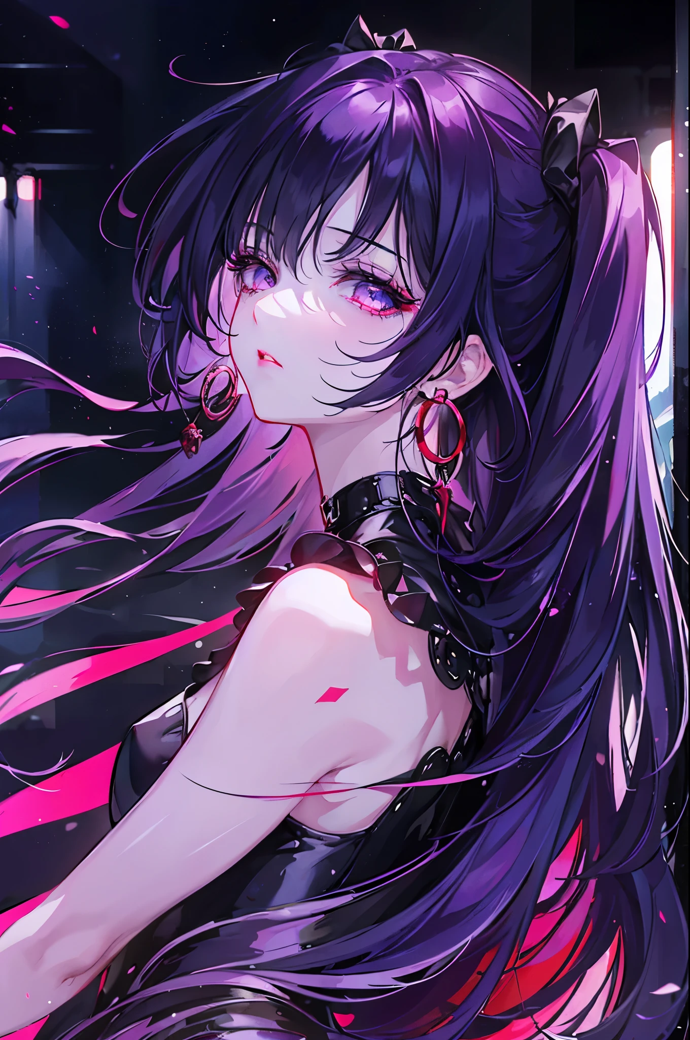 hair above one eye, red eyes, clear eyes, choker, open jacket, towards the wall,shineing grafiti, shineing tattoos, shine, neon light, Black light,anime style, movieポートレート写真, 1 female, 22 years ago, Full body Esbian,Blue eyes background, big and full breasts, anger, (scarlet colored hair), long hair, purple eyes, wearing a short black dress, (natural skin texture vivid details, surreal, (realistic detailed eyes, natural skin texture, realistic facial details), soft and dramatic lighting, Depth of written boundary, Bokeh, vivid details, surreal, 35mm movie, hazy blur, movie,lipstick, ear piercing, eye shadow, hoop earrings, Red-pink lips, 多色のred eyes, purple theme,Wear an iridescent aura,beautiful eyes,stand in front of the red gate、bold pose、decide on a pose,upper ponytail,Hanging bangs,sit