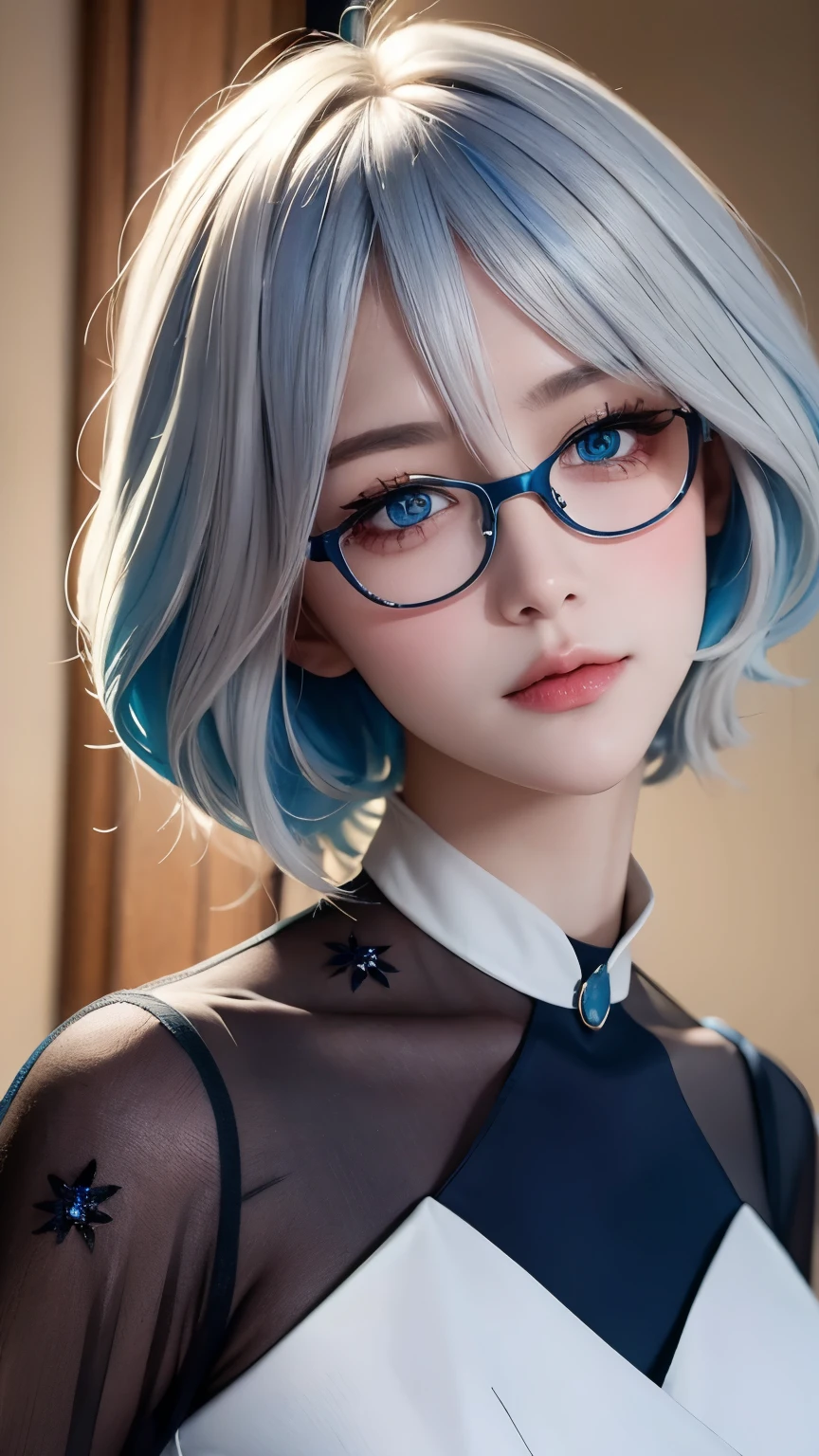 masterpiece, best quality, 8k, Detailed skin texture, Detailed fabric texture, beautifull detailed face, intricate details, Super detailed, Portrait of Rei Ayanami, blue hair, blue eyes, wear glasses，head tilt, no background