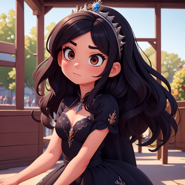 (masterpiece, best quality, ultra detailed), (high detail, hyper detailed), Beautiful girl of 25 years old, body of an adult woman, small breasts, provocative body, black hair, long straight hair slightly tousled at the ends, dressed like a Disney princess, black dress with blue details, silver crown, detailed face, clear focus, helping a  with brown hair, giving her an apple to eat, showing strength and generosity, (masterpiece: 1.2) (Realistic: 1.2) (Bokeh) (Best Quality) (Detailed Look: 1.3) (Intricate Details) (8K) (Eye Detail) (Sharp Focus)