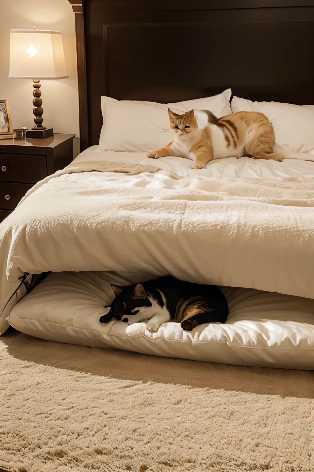 A cute fat cat is sleeping in a luxurious bedroom. The picture is realistic and clear.