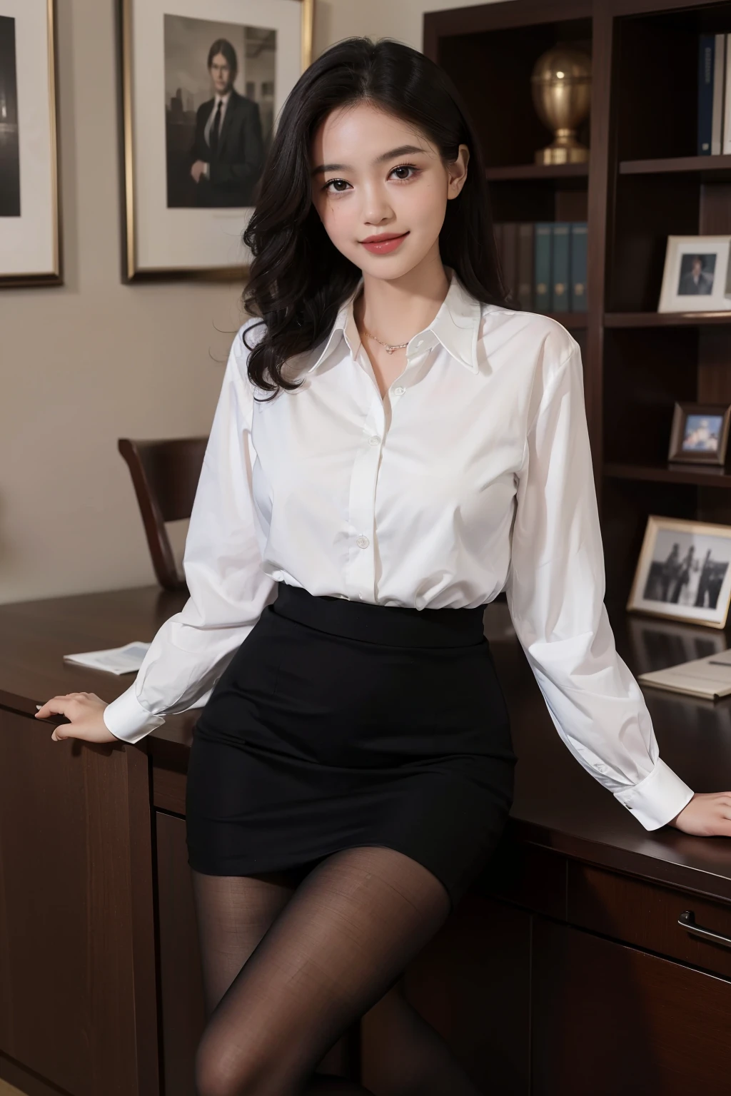 (masterpiece:1,5), (best quality:1.5), extremely detailed，extremely detailed face，Exquisite facial features，anatomically correct，(full body portrait:1.05)，beautiful girl，young woman，slim figure，office lady，Office wear，Collared white shirt，（curls:1.1)，black pantyhose，(long legs:1.05)，(cute:1.2)，(Smile:0.9)