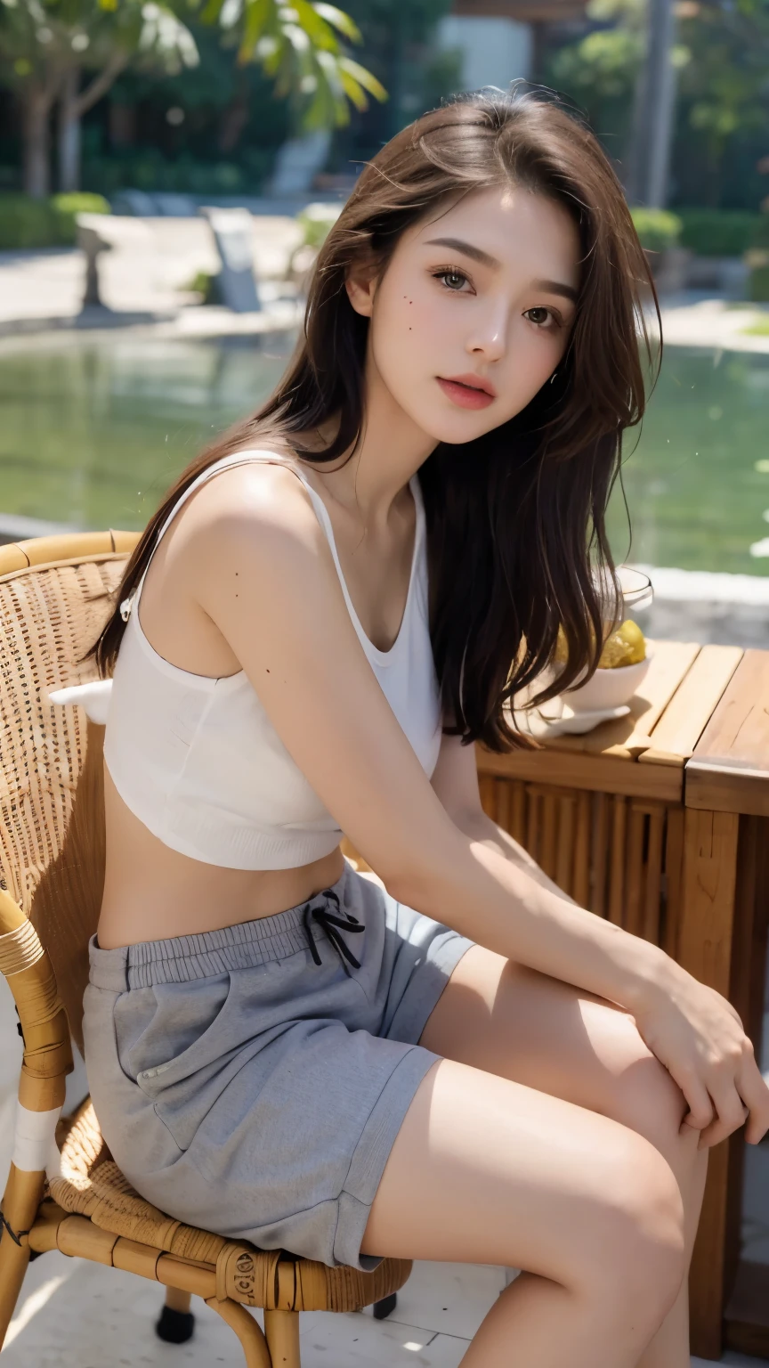 individual,young girl,23 years old, ((winter clothes)),fine hair, Detailed faces, full的身材,long hair,full, Short hair details, sit down,purple, sweat shorts, Camisoles,Look up, There is a beauty mole,Rattan chair