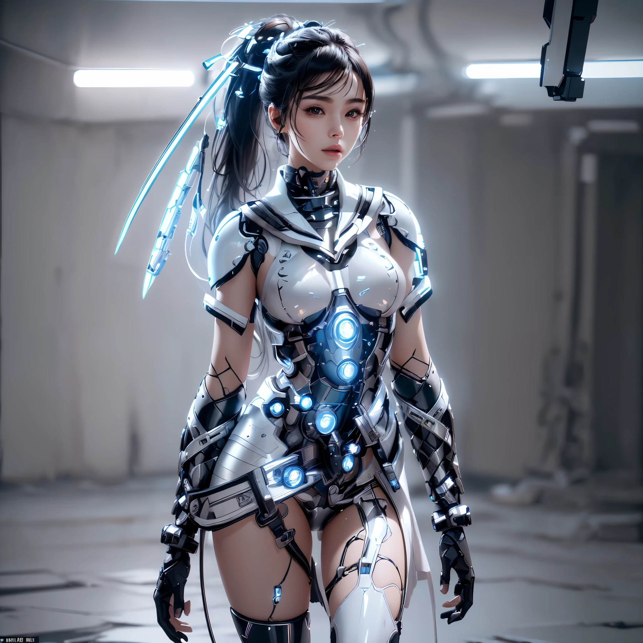 ((best quality)), ((masterpiece)), (detailed), perfect face. real live photo of Stellar Blade, japanese girl with ponytail, futuristic white and black outfit with transparent student sailor design. cybernetic accessories. black background, 8k portrait render, 8 k character details unreal 6 breathtaking detailed ( ( unreal engine ) ), unreal engine 5, masterpice. award winning cinematography. soft focus. highly detailed, intricate details. highly detailed character, photorealistic. unreal engine 5 render.