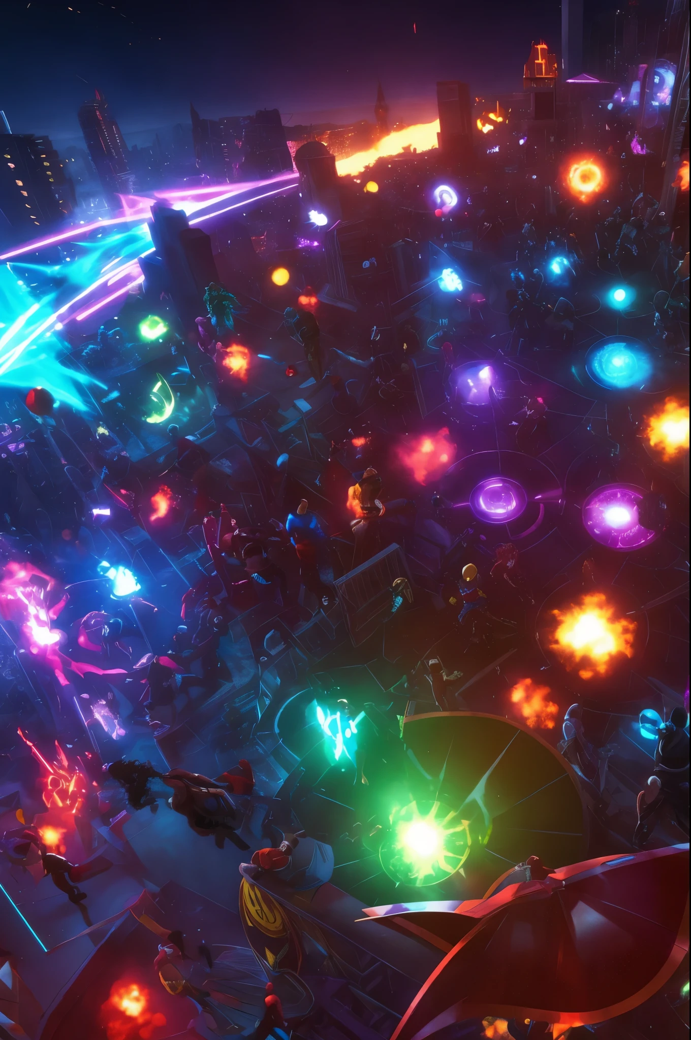 all marvel characters in a rave in the top of the stark building best quality 4k realistic avengers
