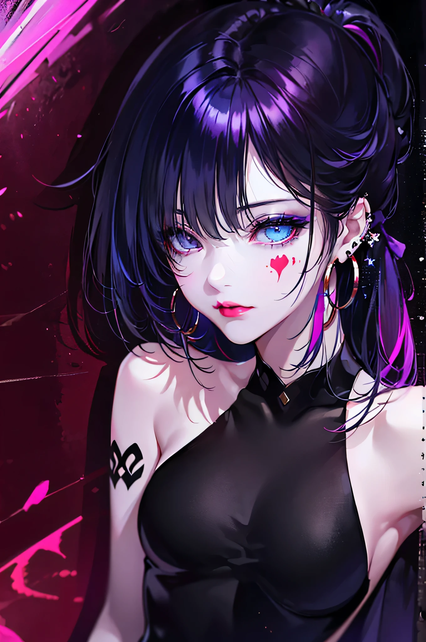 hair above one eye, red eyes, clear eyes, choker, open jacket, towards the wall,shineing grafiti, shineing tattoos, shine, neon light, Black light,anime style, movieポートレート写真, 1 female, 22 years ago, Full body Esbian,Blue eyes background, big and full breasts, anger, (scarlet colored hair), long hair, purple eyes, wearing a short black dress, (natural skin texture vivid details, surreal, (realistic detailed eyes, natural skin texture, realistic facial details), soft and dramatic lighting, Depth of written boundary, Bokeh, vivid details, surreal, 35mm movie, hazy blur, movie,lipstick, ear piercing, eye shadow, hoop earrings, Red-pink lips, 多色のred eyes, purple theme,Wear an iridescent aura,beautiful eyes,stand in front of the red gate、bold pose、decide on a pose,upper ponytail,Hanging bangs