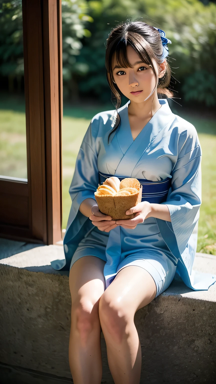 (masterpiece, highest quality, beautiful girl, alone, gardenia, 8K, official art, RAW photo, 詳細なblue eyes, 2 loaves of bread, classic yukata, Ten generations, shy, medium curve body, blue eyes, soft smile