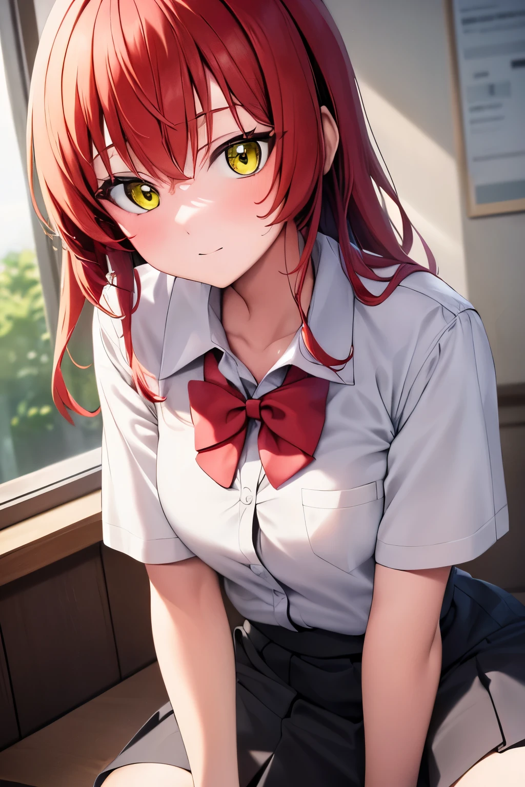 (masterpiece, best quality: 1.2), close-up photo, anime girl with red hair and white school shirt and red bow tie, yellow shirt buttons, greenish yellow eyes, depressed mood, at school, very detailed, best quality, perfect face , very high quality, very detailed, she is 17 Year old, gray black short skirt,