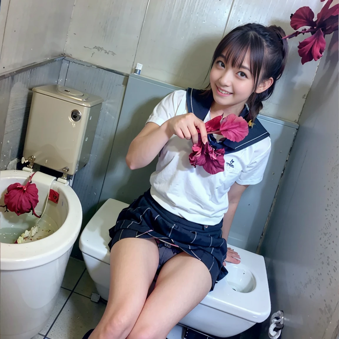 （Highest image quality、highest quality、highest resolution、masterpiece、detailed、real photos）、Beautiful and cute、17 year old high school girl、((ponytail))、((Laughter))、((full body shot))、((Low - Angle))、(Quite small)、(Quite lean body)、(A navy blue sailor uniform for a girls&#39; school.)、bra and panties、((skirt lift))、((Take a selfie with your smartphone、black loafers))、((Old and dilapidated public toilet、Sit on a Western-style toilet with your legs wide open:1.5))、((Decorated with lots of hibiscus flowers:1.5))