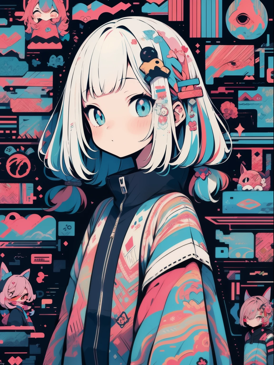 hightquality、Colorful color palette、high-level image quality、Kawaii Girl、Unprecedented amount of drawing、anime styled、Geometric pattern background、front facing、sticker style, 25 years old woman,