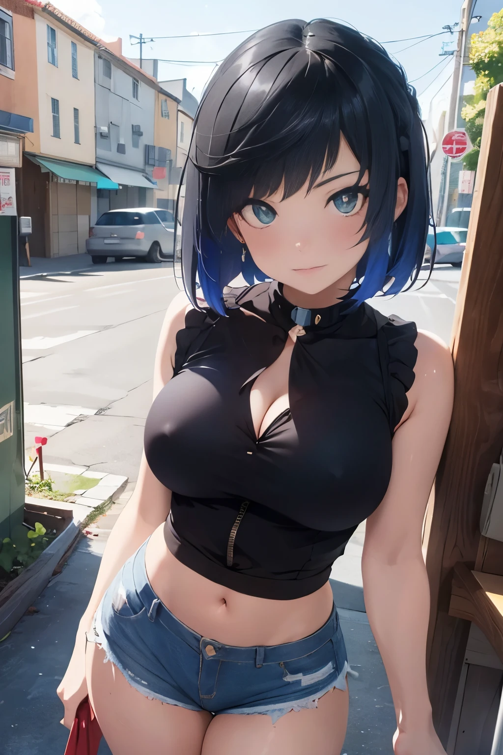 woman, 26 years old, short hair, proportional hands, Yelan anime eyes, perfect body, sensual cleavage, medium breasts, red sleeveless blouse, wearing black micro shorts, sexy shorts, vinyl shorts, Ultra HD, 4k image, image of best quality, (fidelity: 1.4), photoreal, light green eyes, eyelashes, beautiful pupil, shadows, slight blush, delicate facial features, reasonable facial features, exposed waist, natural poses