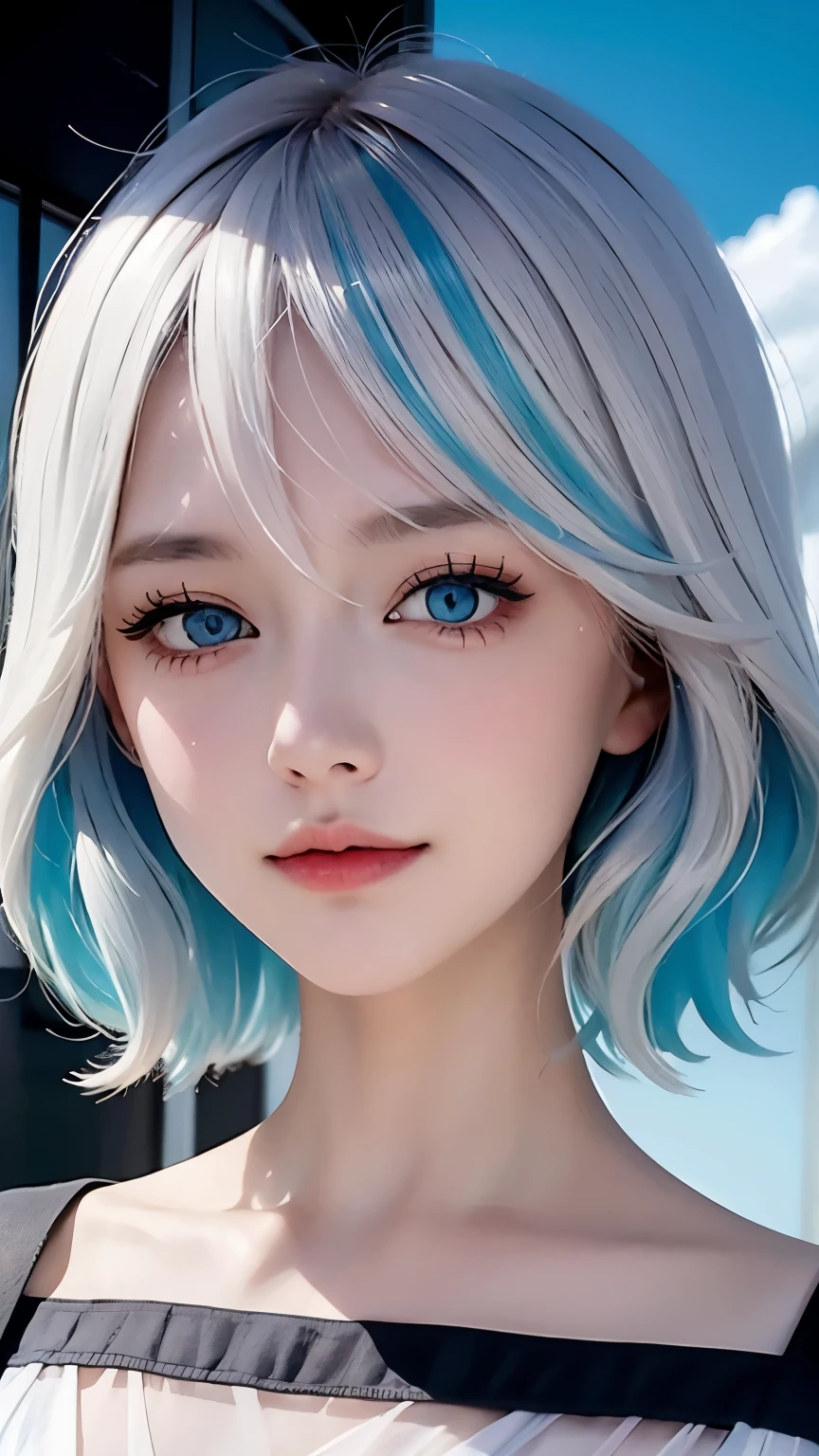 ((Beautiful and delicate face)),((colored hair)),((striped hair)),(blue eyes),(Colored eyes)))),(White cloud background))),(high saturation))),((Surrounded by splashes of color)))) Super detailed, Beautiful and beautiful, masterpiece, best quality, The most beautiful form of chaos, elegant, brutalist design, bright colors, , Michal Maraz, Adrian Ghenny, Petra Cortright, Atmospheric, ecstatic notes, Streaming notes are visible, ((magazine cover)),wear glasses（focus）