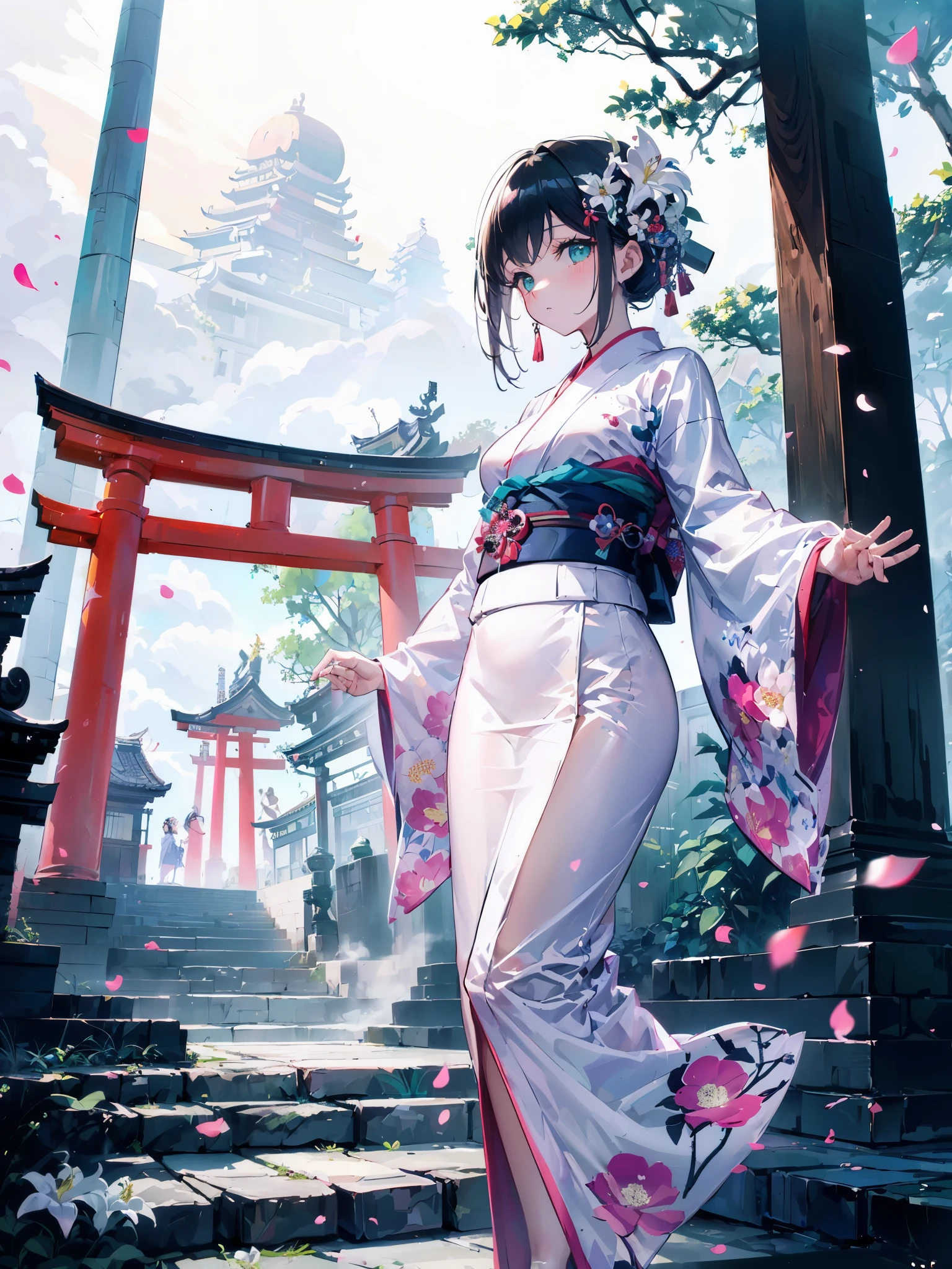 (A :1.2), (very young little girl), l, (small breas(wide angle), (White lily flowers), raw photo, Aesthetic, Convoluted, Awarded, Cybernetic Enhancement, chiaroscuro, Best Quality, Detailed background, (Misty atmosphere:1.2), (cloudy day),((Girl in cotton kimono:1.2)), large cotton kimono, large kimono with a cotton texture, very long kimono sleeve, best wrinkles, real wrinkles, best shadows, (Walk through the (Mist dark Zen Garden)), (Real location), Delicate and beautiful eyes, Casual pose, Detailed textures, Posing, (Anatomically correct body, detailed face, (very detailed textures kimono with floral pattern), (black hair), Voluminous hair, Hair Ornament, komono, Kimono, Obi, Outdoors, pagoda, flower petals, Teal kimono, sash, shrines, skyporn, stone stairs, torii, Wide sleeves, Yukata,(cloudy, Misty)
