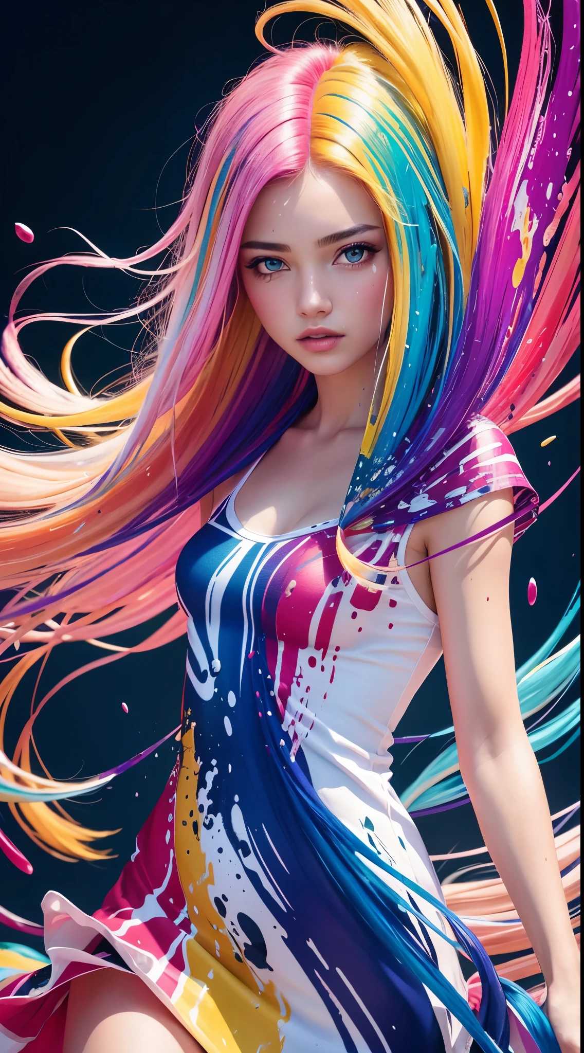 8k, RAW photo, realistic, photo-realistic, hyper-realistic, highest quality, best quality, masterpiece, highly detailed, absurdres,
masterpiece, best quality, (extremely detailed CG unity 8k wallpaper, masterpiece, best quality, ultra-detailed, best shadow), (detailed background), (beautiful detailed face, beautiful detailed eyes), High contrast, (best illumination), 1girl, Australian, multicoloured hair, beautiful, ((colourful paint splashes on transparent background, dulux)), ((caustic)), dynamic angle,beautiful detailed glow,full body, cowboy shot,