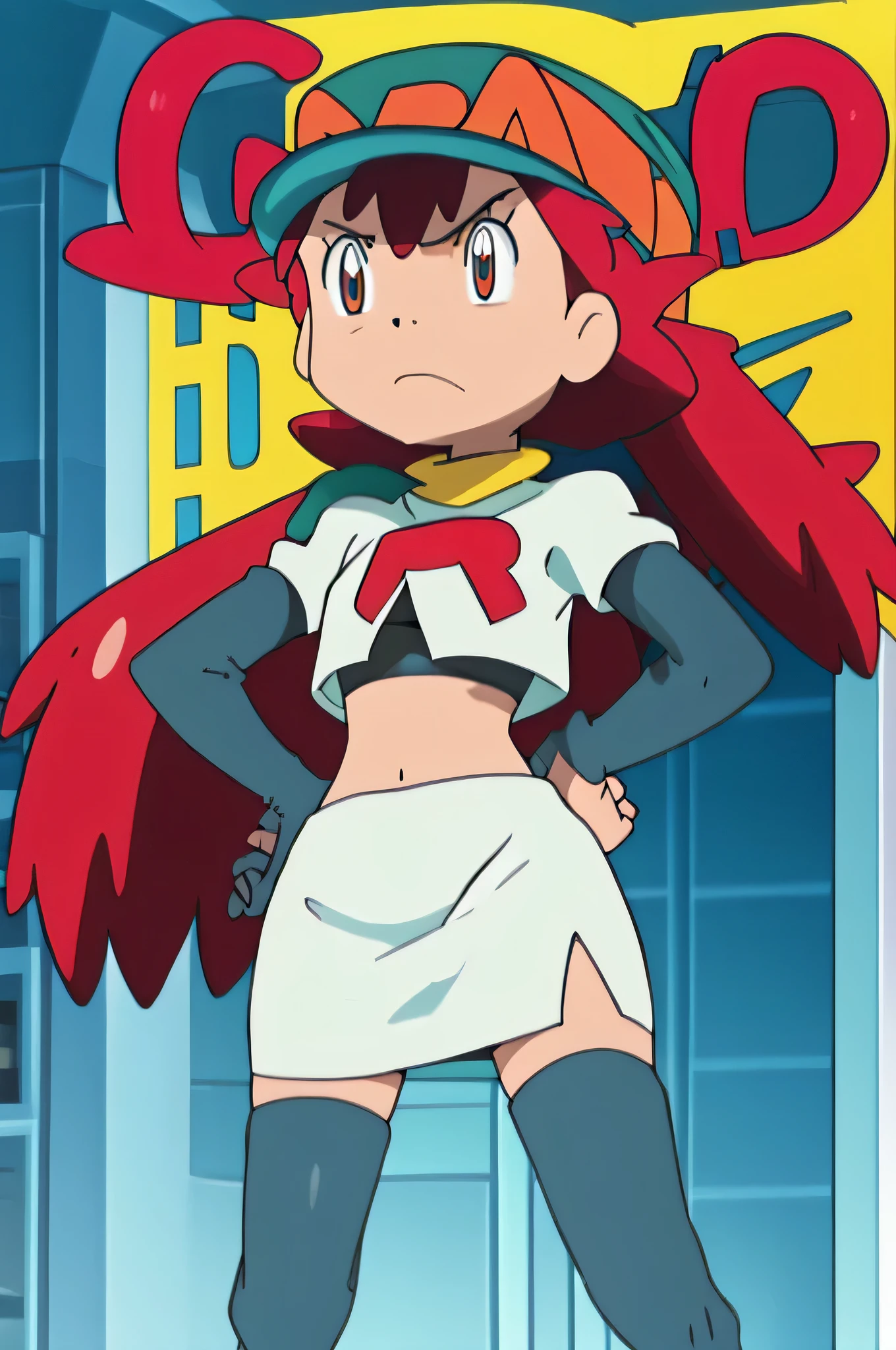 team rocket uniform, red letter r, white skirt,white crop top,black thigh-high boots, black elbow gloves, glaring angrily, looking at viewer, hands on hips, zettai ryouiki