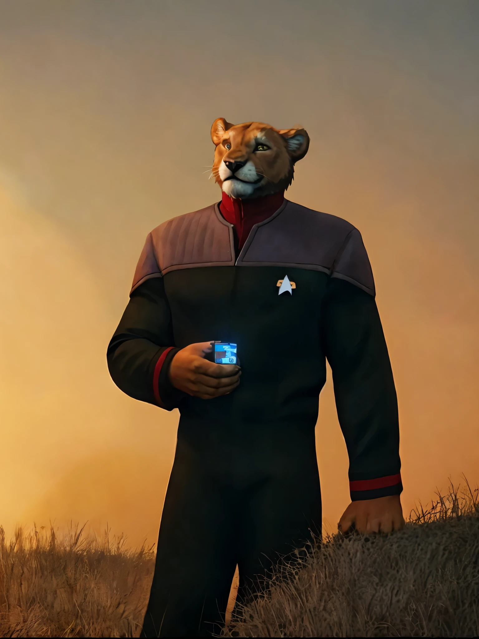 «»A photorealistic portrayal of a barefoot Scar (beefy lion with pale orange fur, black mane, from Lion King) dressed in a ds9st black and grey uniform with red collar. Scar should be posed with a determined and fighting stance of Starfleet captain, holding a phaser (Star Trek gun) in hands. The background should be green nature with landing star ship USS Voyager on horizon (Star Trek vessel). The lighting should be bright and focused on the captain Scar, highlighting its rugged features. The camera shot should be a full-body shot, capturing the lion's powerful presence and the fine details of its ds9st uniform. The resolution should be 8K or higher to showcase the majestic textures of the lion's fur and the star ship behind him. The render style should be coloufull and should aim for a professional and polished look, suitable for an TV advertisement or a scifi-themed magazine cover. (((Scar from Lion king))), (((ds9st))), (((nature shot, star ship on the backround))), (((bright lighting))), (((full-body shot))), (((8K resolution))), (((professional render style))).»