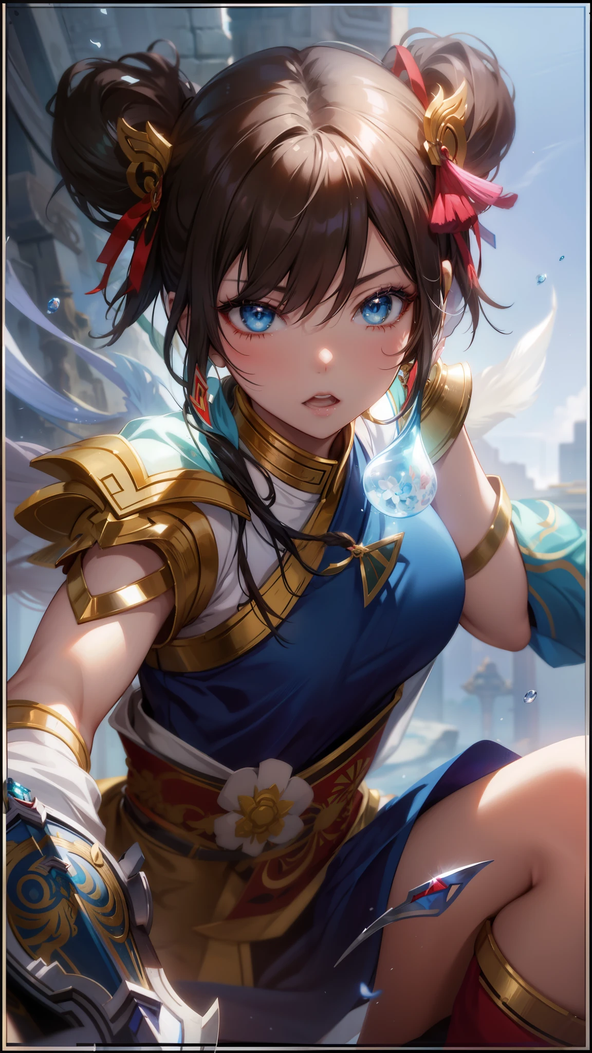2d,anime style,high quality 8k,anime art,woman with a sword and a blue dress, inspired by Li Mei-shu, artgerm detailed, artgerm lau, extremely detailed artgerm, bian lian, youthful taliyah, zenra taliyah, yun ling, inspired by Ju Lian, ahri, inspired by Lan Ying, portrait of ahri, artgerm portrait