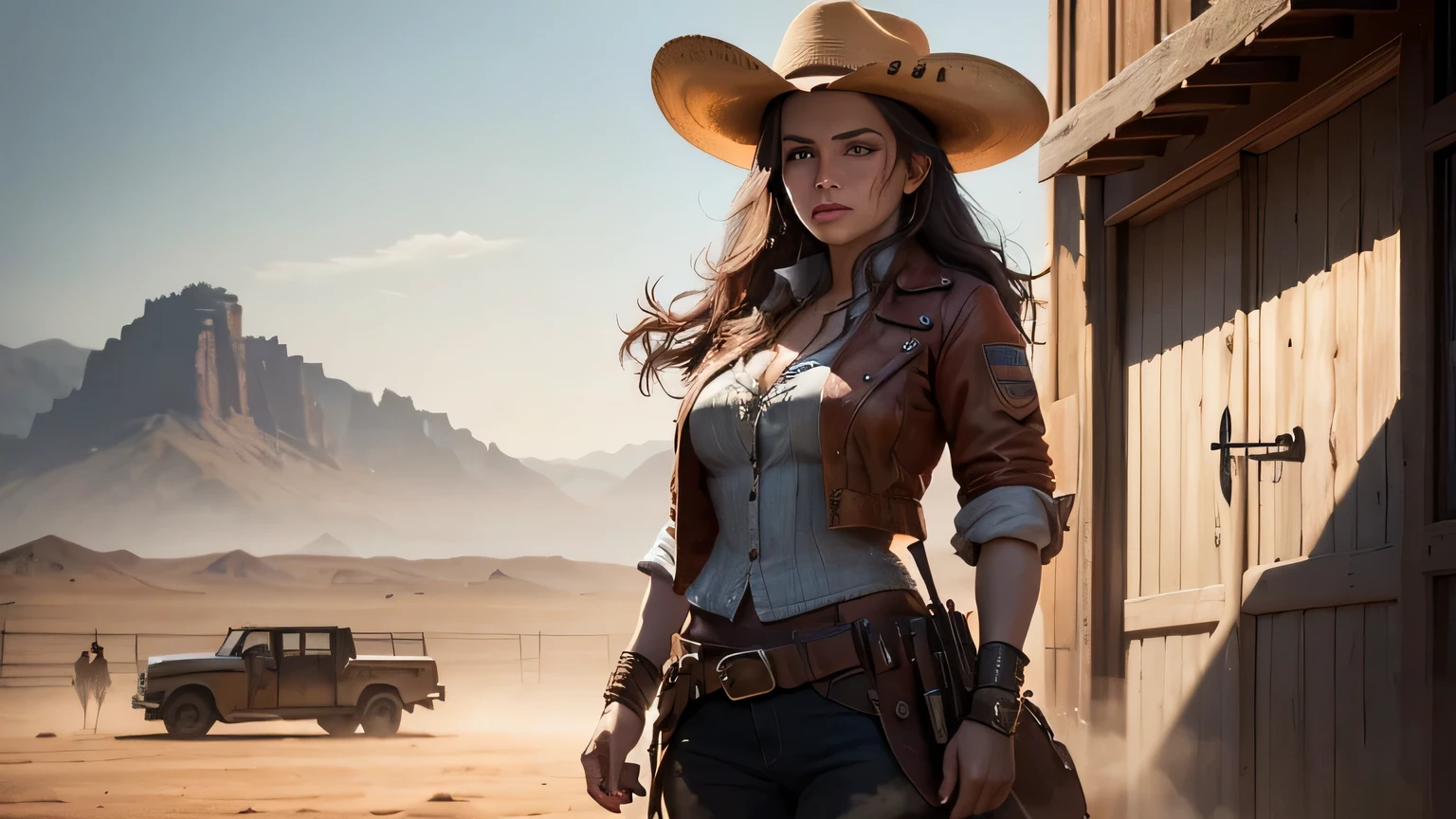 (best quality,4k,8k,highres,masterpiece:1.2),ultra-detailed,(realistic,photorealistic,photo-realistic:1.37),A cowgirl wearing a wide-brimmed hat and a fringed leather jacket stands in the middle of a dusty western town. She fiercely stares into the eyes of her opponent, gun holstered at her side. The town is composed of weathered wooden buildings with creaking swinging doors and partially broken windows. The streets are covered in dirt and the air is filled with tension. The sun casts long shadows on the wooden planks, adding to the dramatic atmosphere. The cowgirl's eyes are sharp and determined, reflecting her unwavering spirit. Her lips are painted with a bold red color, emphasizing her fiery personality. The details of her face, including her freckles and the subtle wrinkles around her eyes, are beautifully rendered with ultra-fine painting techniques. Her long eyelashes flutter as she flicks a loose strand of hair from her eyes. The colors in the scene are vivid, capturing the warm, earthy tones of the wild west. The lighting creates an ambiance of late afternoon, with the sunlight slightly golden, casting long, dramatic shadows on the ground. It highlights the dust particles floating in the air, adding a sense of depth to the scene. The cowgirl exudes confidence as she prepares for the gunfight, her stance poised and ready for action. She stands against a backdrop of a distant mountain range, adding a sense of vastness and adventure to the scene. The entire composition feels cinematic, as if captured from a thrilling western movie.