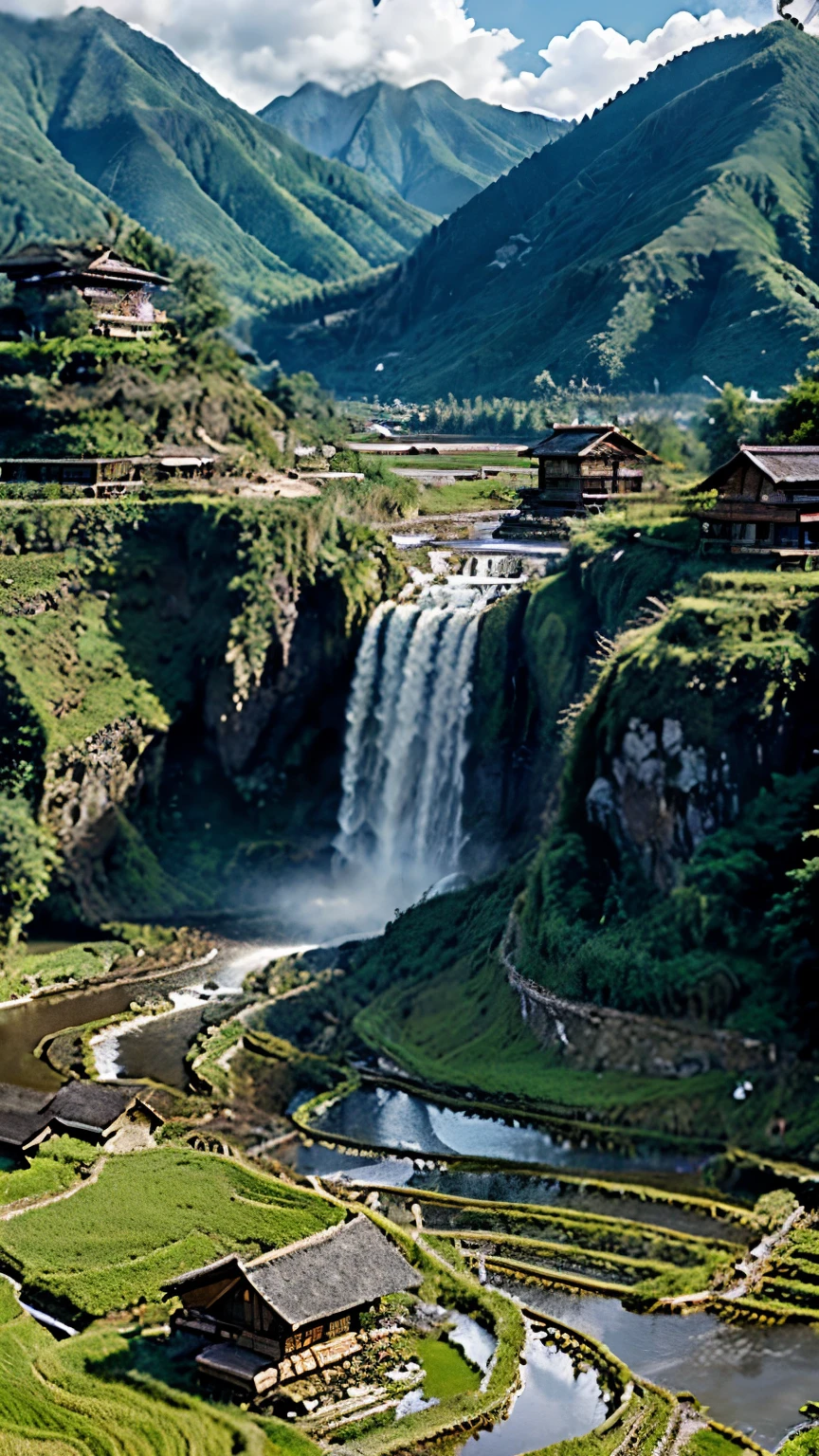 realistic, (masterpiece:1.2), high quality, landscape mountains behind, with sun and clouds, clear sky, rice field, wooden house, birds fly, waterfall,