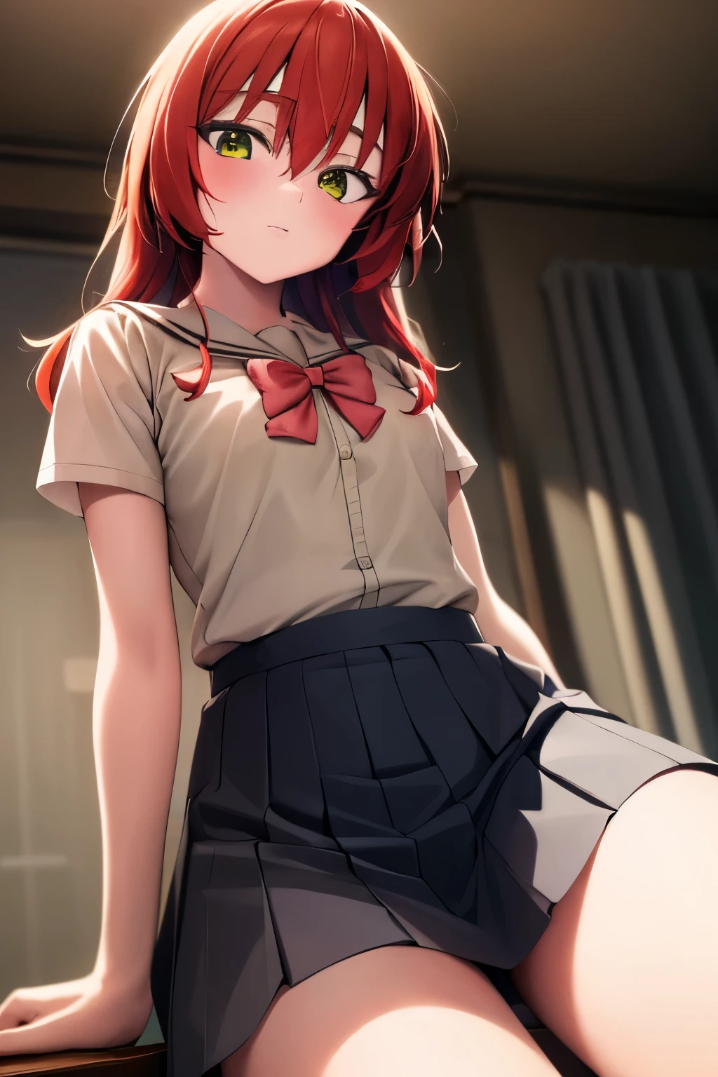 (masterpiece, best quality: 1.2), close-up photo, anime girl with red hair and white school shirt and red bow tie, yellow shirt buttons, greenish yellow eyes, depressed mood, at school, very detailed, best quality, perfect face , very high quality, very detailed, she is 17 Year old, gray black short skirt, 