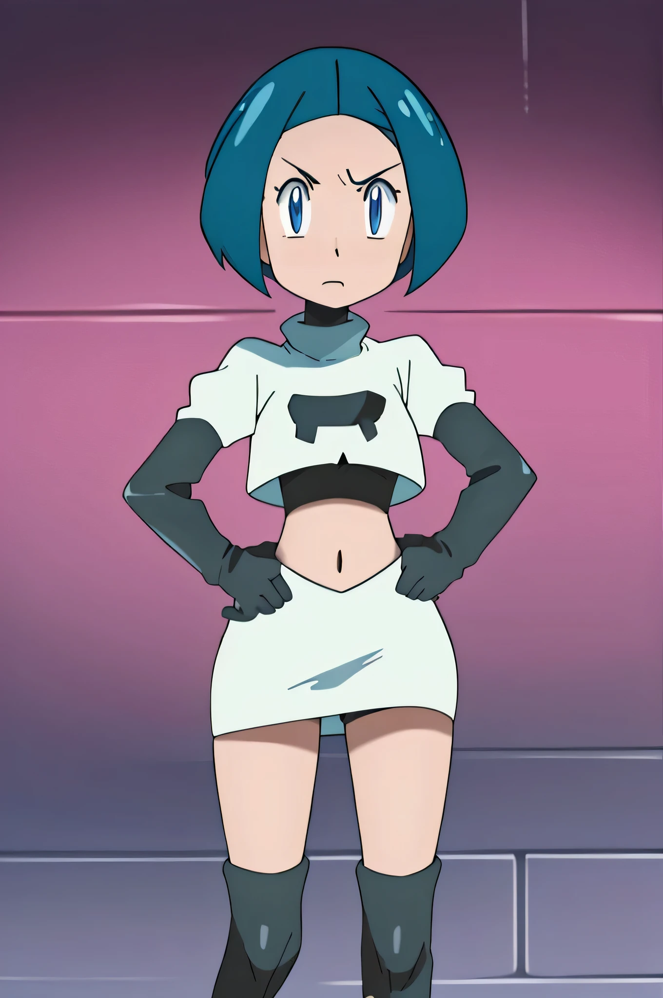 team rocket uniform, red letter r, white skirt,white crop top,black thigh-high boots, black elbow gloves, glaring angrily, looking at viewer, hands on hips, zettai ryouiki