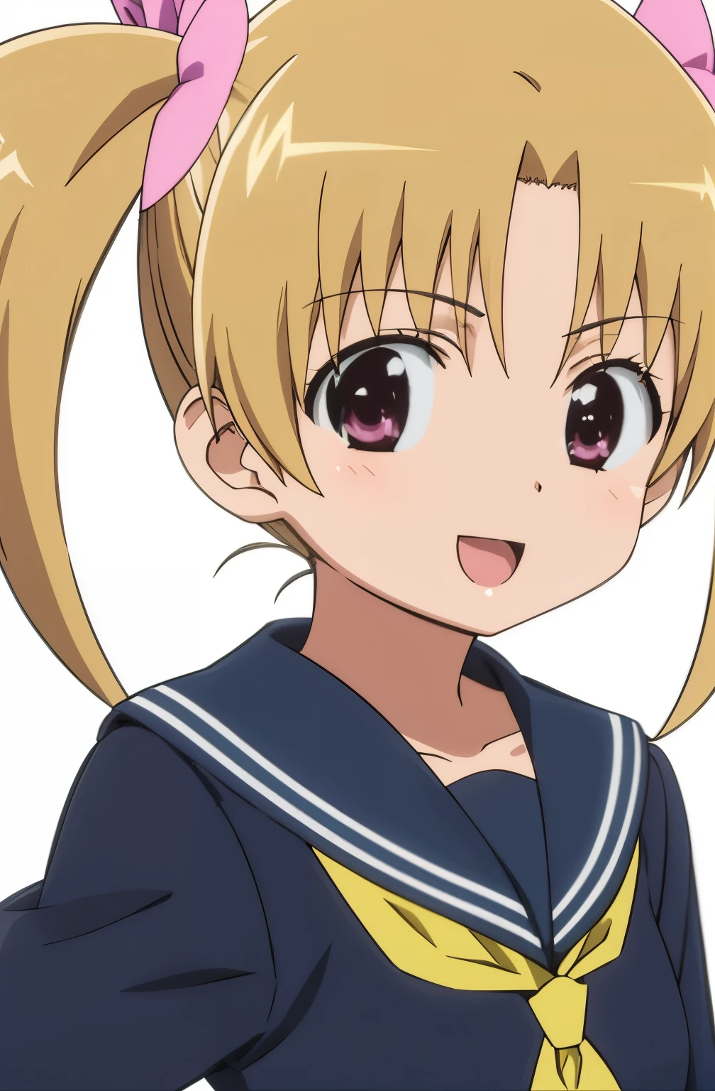 solo, 1girl, looking at viewer, flat colors, 2D, anime, anime coloring, upper body, (solid white background:1.3), mikazuki kiryuu, school uniform, serafuku, yellow neckerchief, :d, looking at viewer