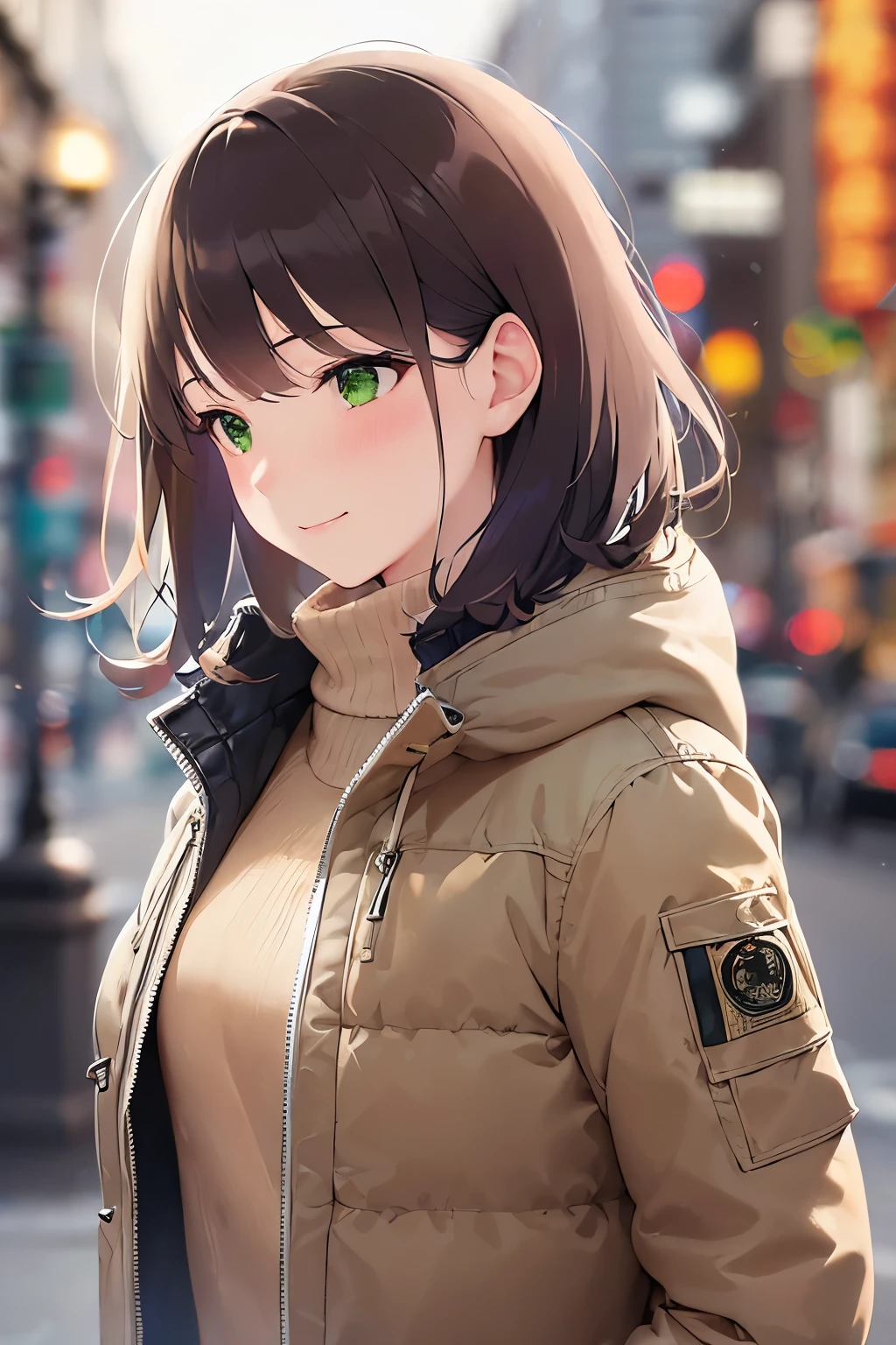 side angle, (looking away:1.5), cowboy shot,, Realistic, real person, RAW photo, photorealistic, portrait photography, shiny skin, japanese idol、(前髪がある20歳の女性), (green eyes:1.5) and (brown hair) and (bob cut) and (wavy hair), 、(beige Down Jacket:1.5)、黒いタートルネックセーター、smile, (blush:1.3), 一人きり、背景は外