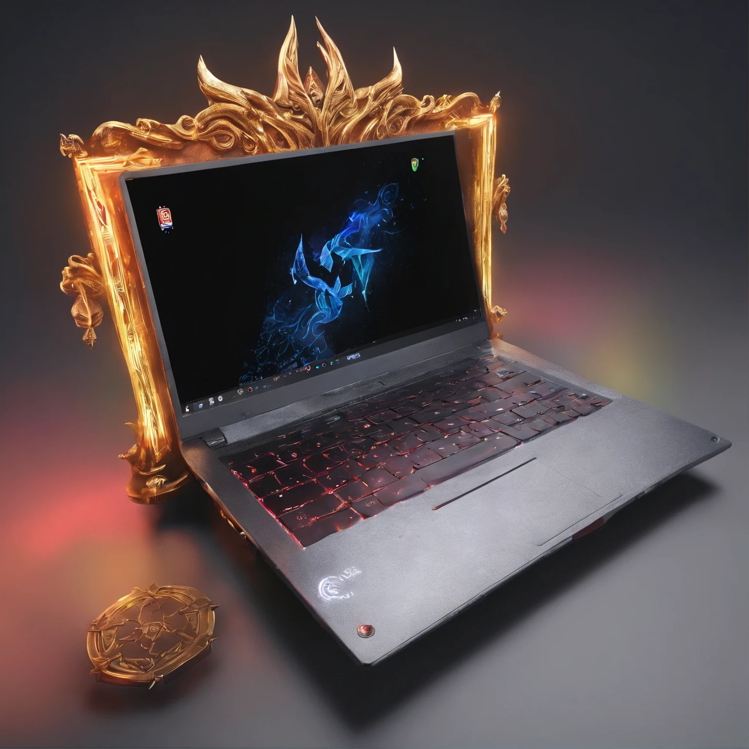(Best quality,4K,8K,A high resolution,Masterpiece:1.2),Ultra-detailed,(Realistic,Photorealistic,photo-realistic:1.37), 8k laptop render, multiple ports at the front, a gaming laptop, custom laptop, glowing rune symbols on the left and the right of the trackpad detachable screen, rune letters on the side of the laptop, full view, laptop made of magical iron, rune markings on the body of the laptop, RGB lights, colorful lights full device, big laptop, sci-fi laptop, futuristic laptop, fantasy laptop, magical laptop
