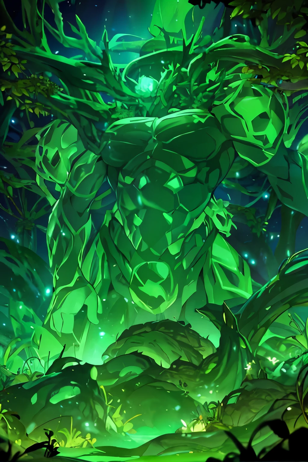 Gran monstruo obeso con espinas. guerrero de plantas con enrredaderas y espinas. mutante verde. mostrar cuerpo completo. definir extremidades y cara. pose de ataque. espadas en mano. skin de lianas con espinas. cosa del pantano. Mountain look of plants with armor arms made of plants