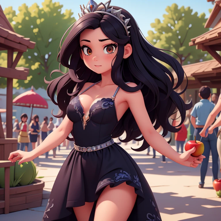 (masterpiece, best quality, ultra detailed), (high detail, hyper detailed), Beautiful girl of 25 years old, body of an adult woman, small breasts, provocative body, black hair, long straight hair slightly tousled at the ends, dressed like a Disney princess, black dress with blue details, silver crown, detailed face, clear focus, holding an apple, showing kindness and tenderness (masterpiece: 1.2) (Realistic: 1.2) (Bokeh) (Best quality) (Detailed look : 1.3) (Intricate details) (8K) (Eye detail) (Sharp focus)