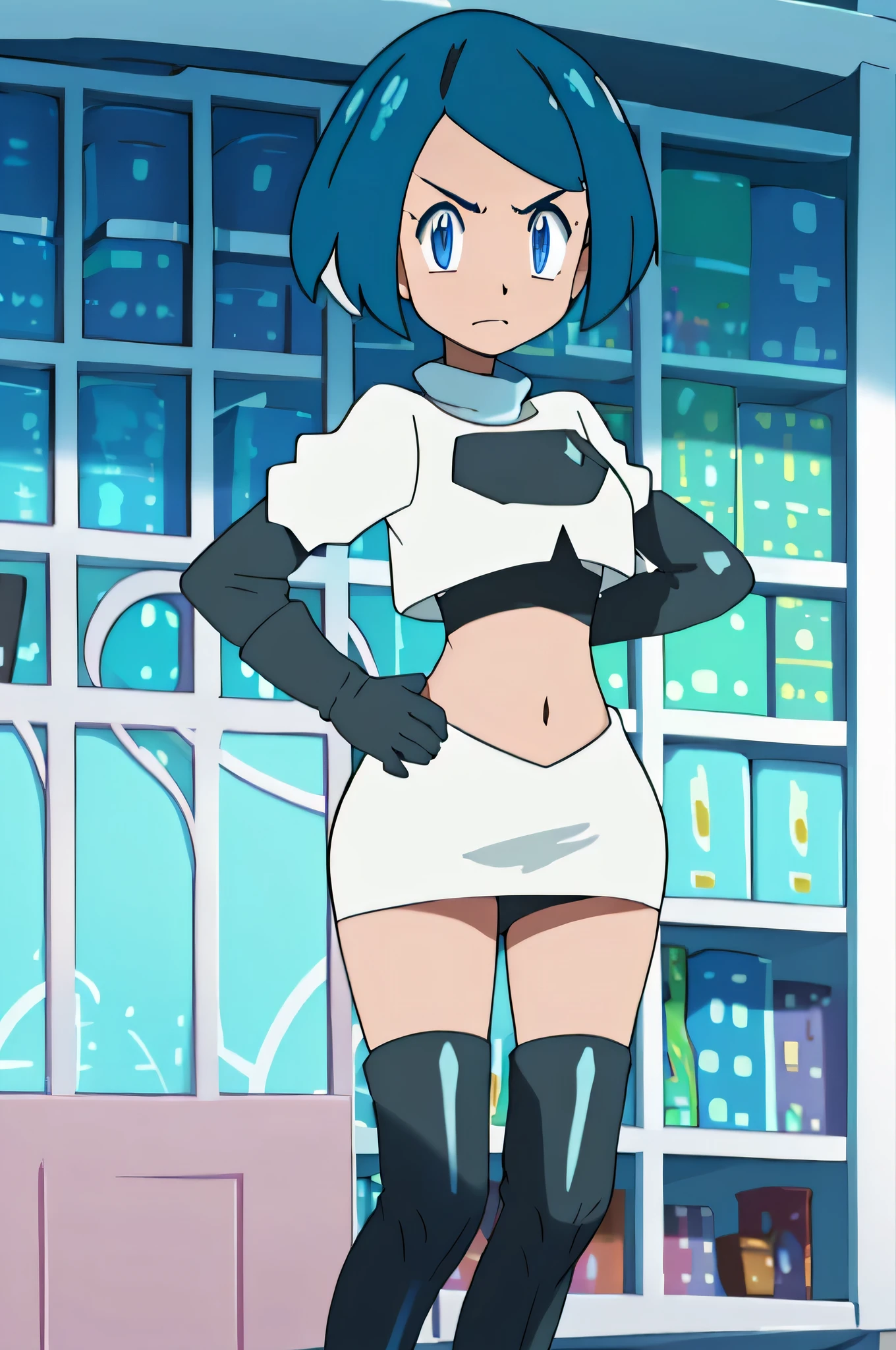 team rocket uniform, red letter r, white skirt, white crop top,black thigh-high boots, black elbow gloves, glaring angrily, looking at viewer, hands on hips, zettai ryouiki
