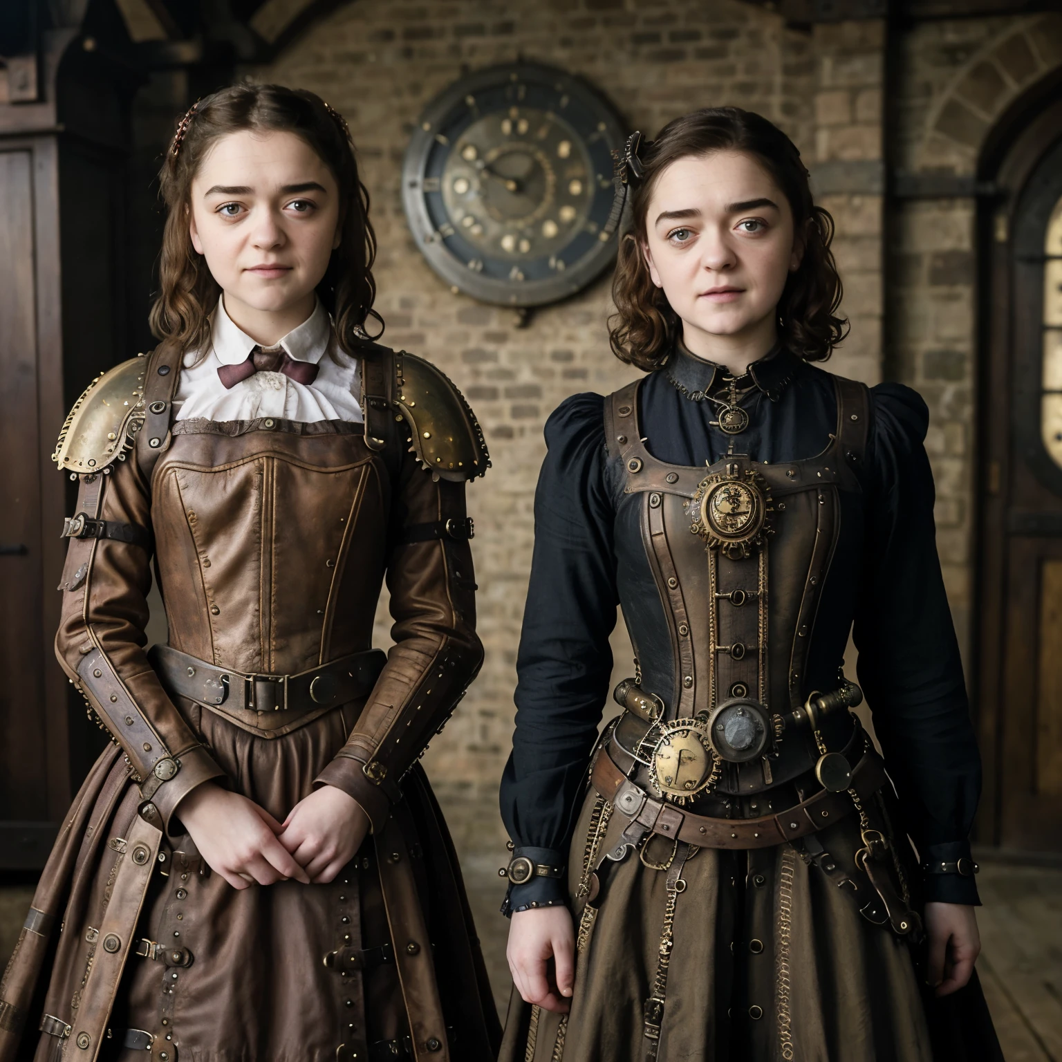 ((best quality)), ((masterpiece)), pretty smile with cure dimples, ((Photo-realistic)), (detailed), ((Maisie Williams)), ((2 pretty Steampunk girls)), whole body,