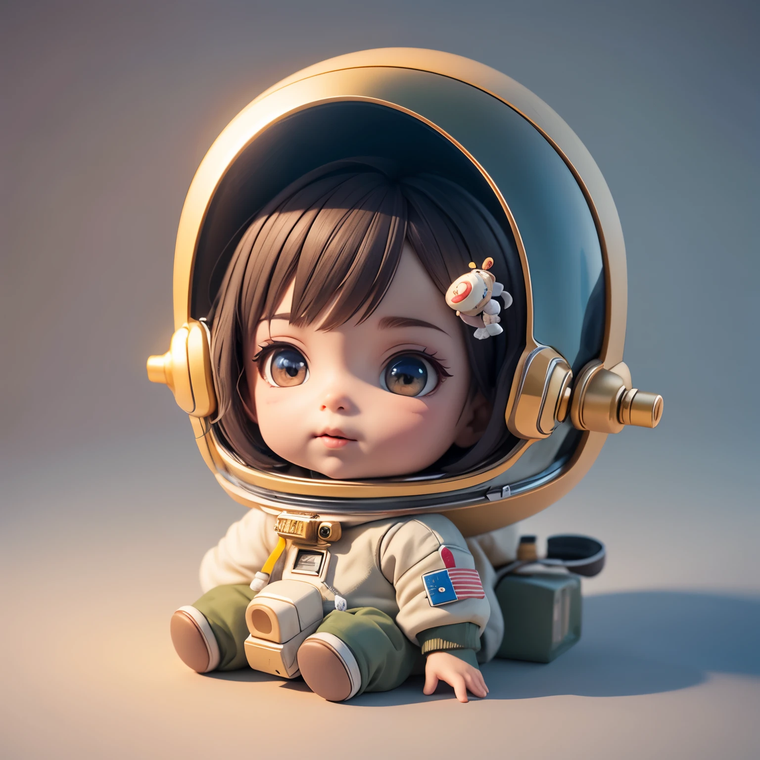 There is a helmet and a small doll with a helmet, cute 3d rendering, little astronaut looking up, portrait anime space cadet boy, Cute 3D anime boy rendering, cute detailed digital art, male explorer mini cute boy, Stylized 3D rendering, 3D rendered character art 8k, Cute Digital Painting, Anime style 3D, Super detailed rendering