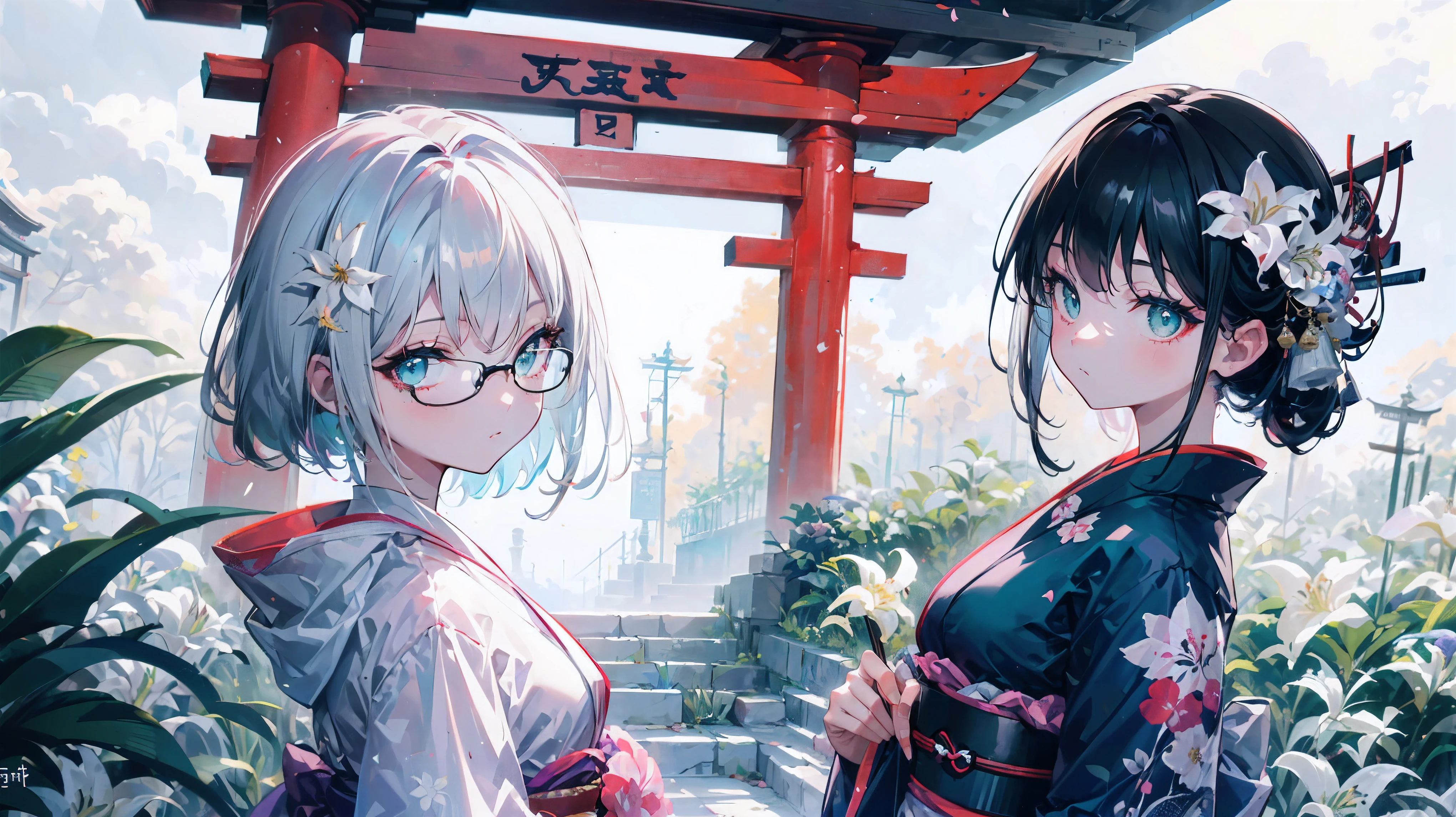 (A 7 year old girl:1.2),Change, (alone), (small breasts), Looking back at the audience, (wide angle), (white lily flower), aesthetic, complex, won, cybernetic enhancement, chiaroscuro, best quality, Detailed background, (misty atmosphere:1.2), (cloudy day),((Girl in 棉质kimono:1.2)), 棉质kimono, 棉质kimono, The best wrinkles, best shade, (walk through (foggy dark zen garden)), (real location), Exquisite and beautiful eyes, casual gesture, Detailed texture, pose, (Anatomically correct body, Detailed face, (非常Detailed texturekimono) with floral pattern), (black hair), thick hair, hair accessories, Common, kimono, Heart, outdoor, pagoda, petal, 青色kimono, sash, shrine, skyporn, stone staircase, torii, wide sleeves, yukata,(cloudy, misty)