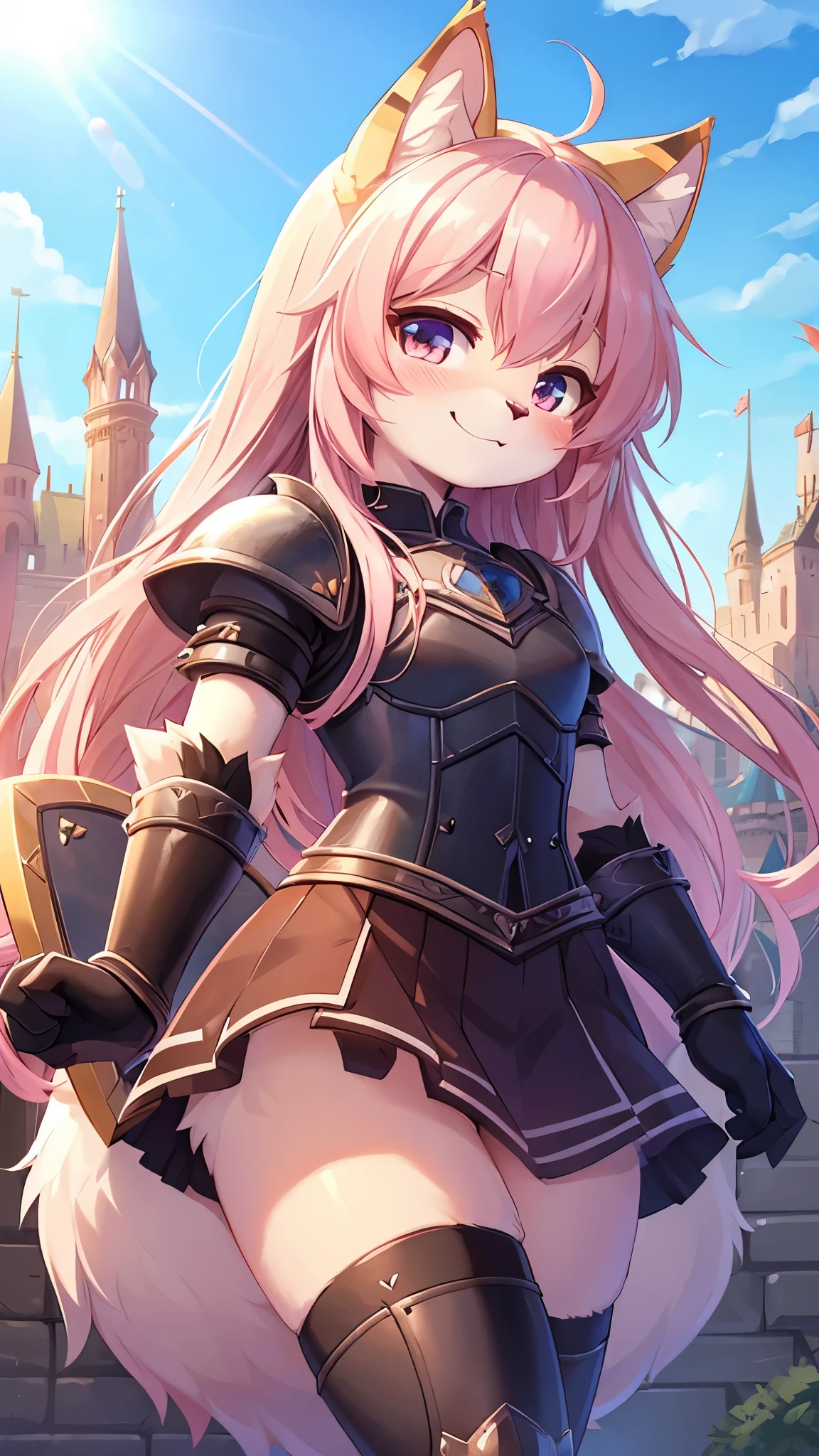 (fluffy anthro furry:1.5),(young:1.6),cat girl,pink long hair,smile,blush,iron armor,mini skirt,iron graves,iron gloves,tower shield with diamond gem,castle background,light beam