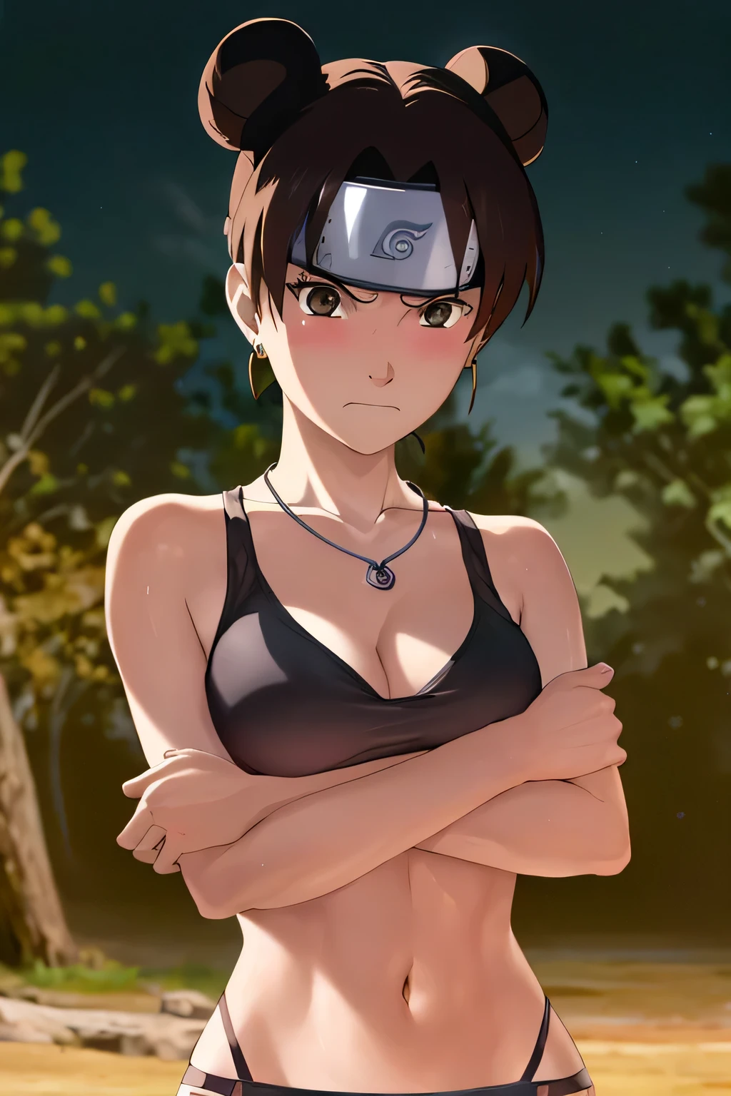 masterpiece, absurdres , (intricate details), (colorful),cinematic lighting,bust shot,extremely detailed CG unity 8k wallpaper,tenten\(shippuden\), 1girl, solo, looking at viewer, medium breasts, earrings, necklace, outdoors, sports bra, perfect body, ((cleavage)), blushing, frown, arms crossed, (perfect breasts)