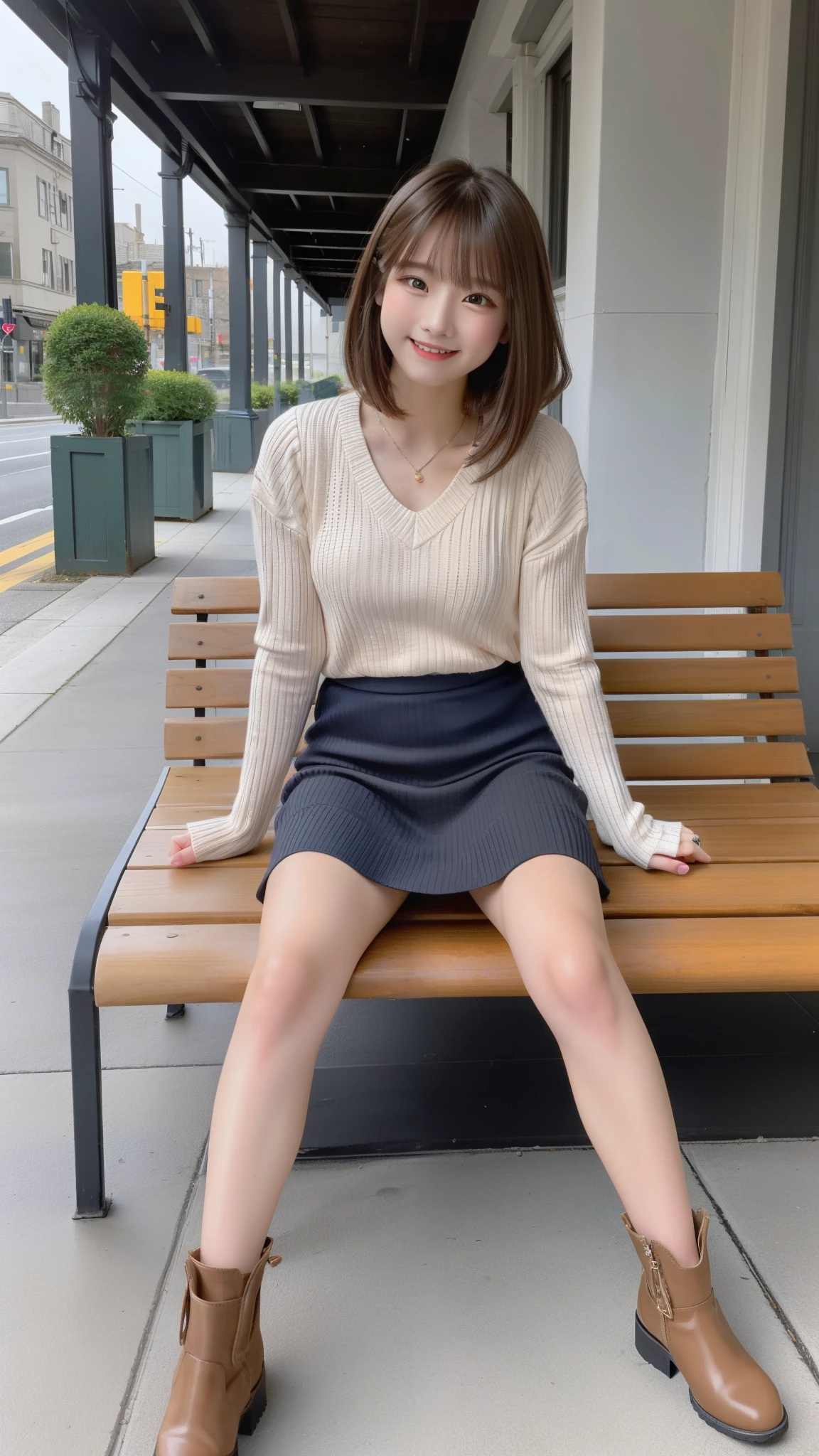 Photo taken by a professional photographer，laughter:1.5，Close-up of a woman squatting on the sidewalk, wearing a sweater, Short-cut brown hair, young and cute girl, Wearing a flared skirt，Wear stylish boots，sit on a park bench:1.5，Fancy makeup with red eyeshadow，