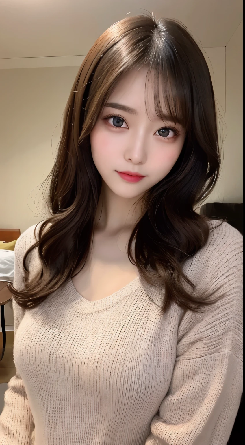 table top, highest quality, shape, Super detailed, finely, High resolution, 8k wallpaper, 完璧なダイナミックな構shape, beautiful and detailed eyes, Tokyo trend knit dress, small breasts, natural color lip,gentle smile,20 year old girl、beautiful and detailed face、perfect and beautiful face,Big eyes、beautiful detailed face、perfect and beautiful double eyelids、blur the background、perfect and beautiful face、Feminine poses、blur background、slim face and style、blur background、straight hair、Wear a luxurious mink coat、The background is a futon（bedroom）