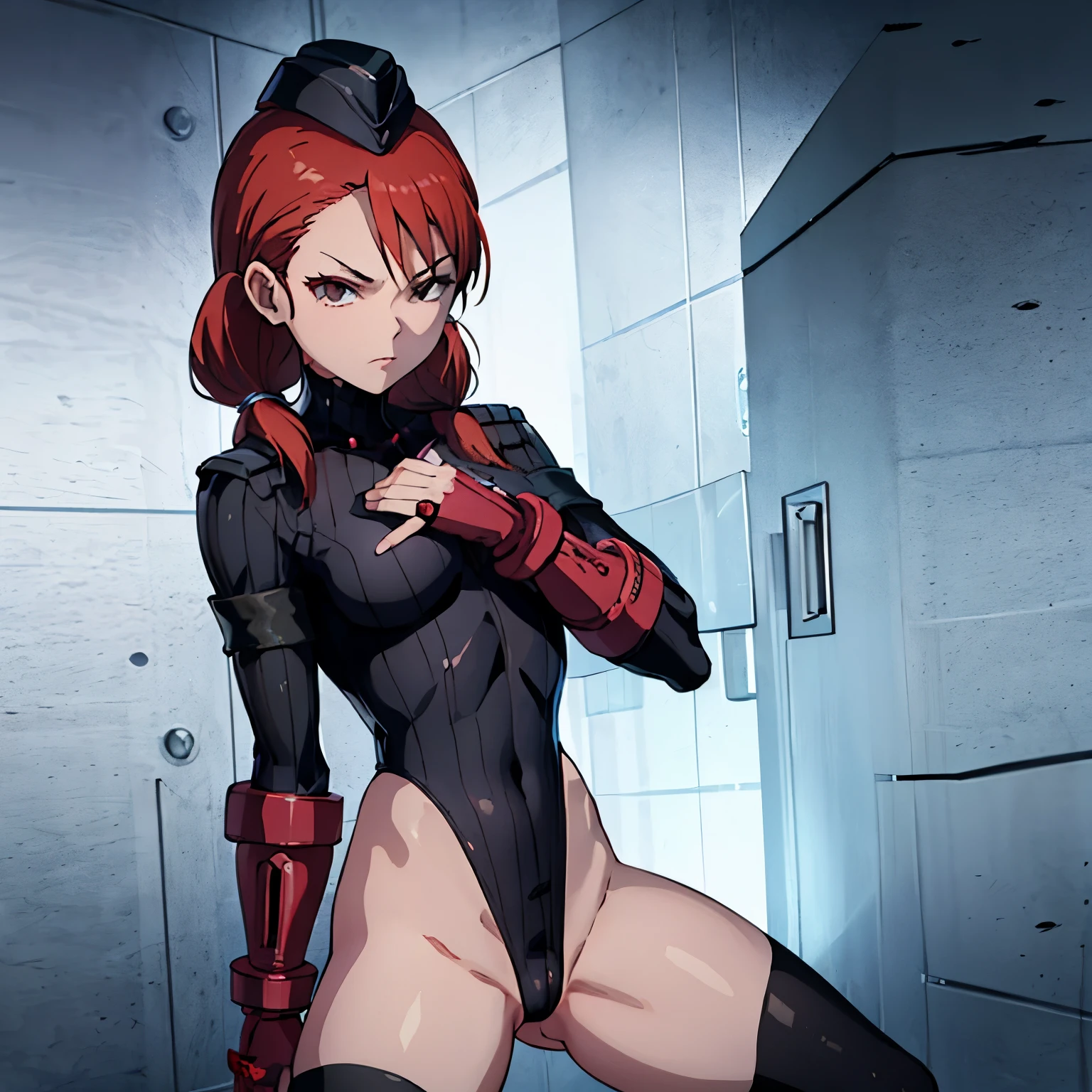 ultra-detailed, Explicit, Beautiful body, Beautiful Nose, Beautiful character design, perfect eyes, perfect face, ultra highres, 4K, beautiful legs, perfect legs, Nice hands, Perfect hand, Masterpiece, Best Quality, Highly detailed, illustration, absurdres, perfect anatomy, street fighter, doll suit, shadaloo doll, dollsuit, expressionless, blank eyes, looking at viewer, red gloves, emotionless, black latex, corruption, mind control, female combatant, full body, hypnotized, unhappy trance, full body suit, ribbed bodysuit, both arms at side, obey, perfect female body, extremely glossy latex, hypnosis, hypnoLora, empty eyes, Blank eyes, Mind control device, poses, submissive_pose, Slave, stand up straight, standing, standing up at attention, hat, necktie, belt, latex, ribbed bodysuit, thighhighs, garter belt, Fighting Stance, extending the right arm from the shoulder into the air with a straightened hand, military, thigh boots, 1girl, hair ornaments, red hair, long hair, red eyes, low twintails (((pixel-perfect, detail-perfect))), solo, 1girl, sarina shizukume, mahoushoujosite
