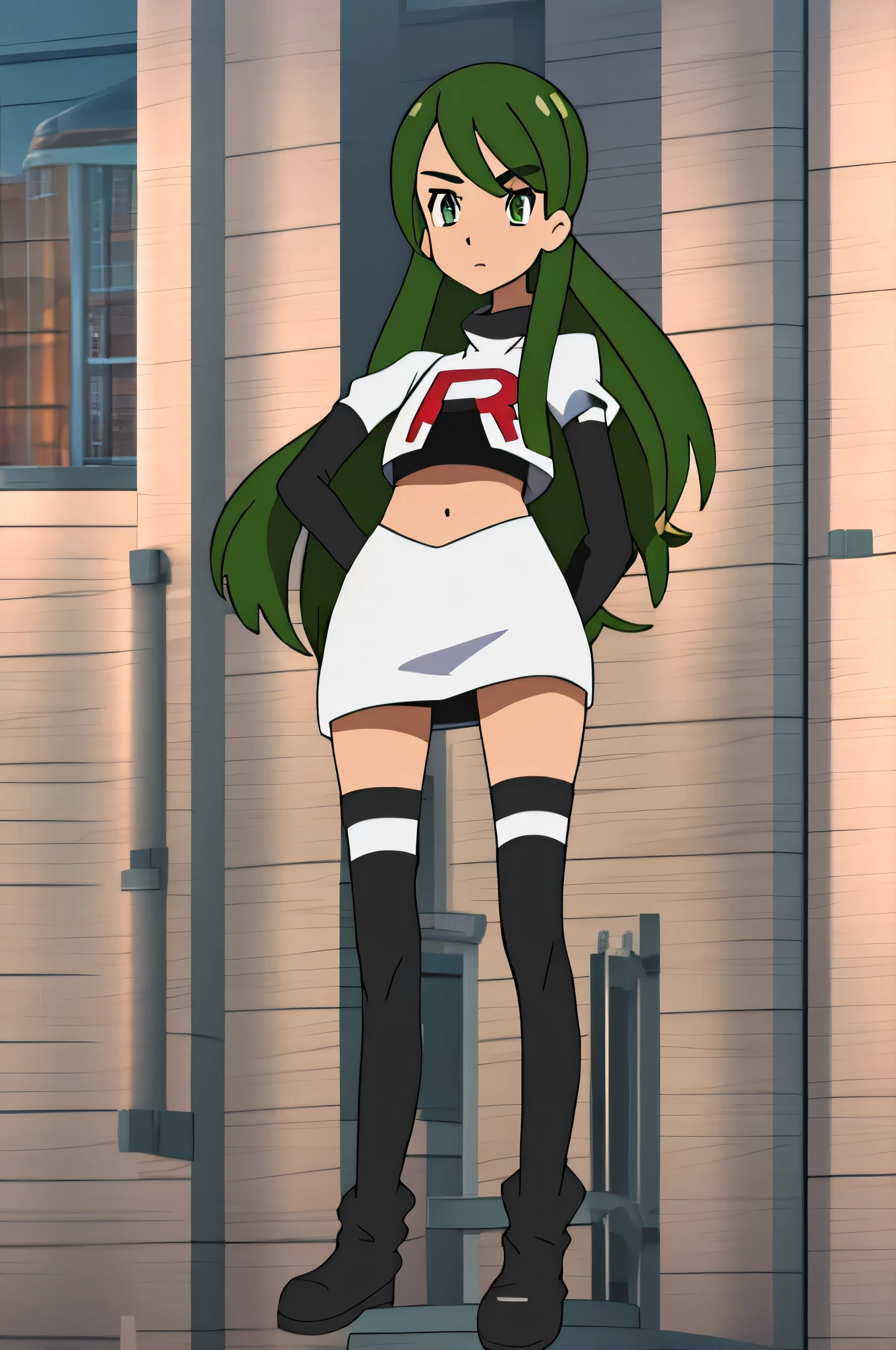 team rocket uniform, red letter r, white skirt, white crop top, black thigh-high boots, black elbow gloves, glaring angrily, looking at viewer, hands on hips, zettai ryouiki, PallaFE