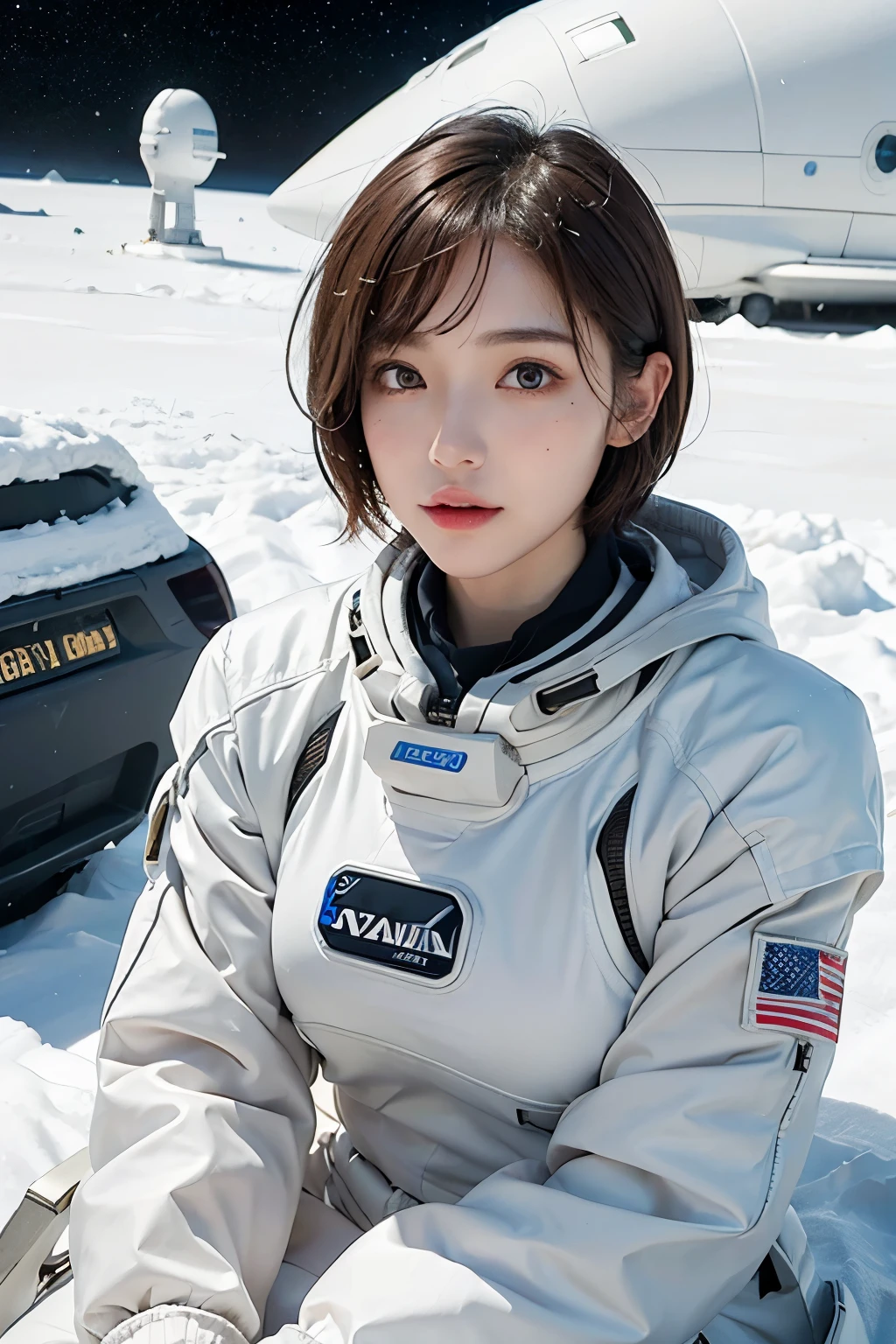 highest quality、masterpiece、ultra high resolution、(real:1.4)、Beautiful woman1、Beautiful details of eyes and skin、light brown short cut hair、The perfect spacesuit、spaceship、snow原、snow、
