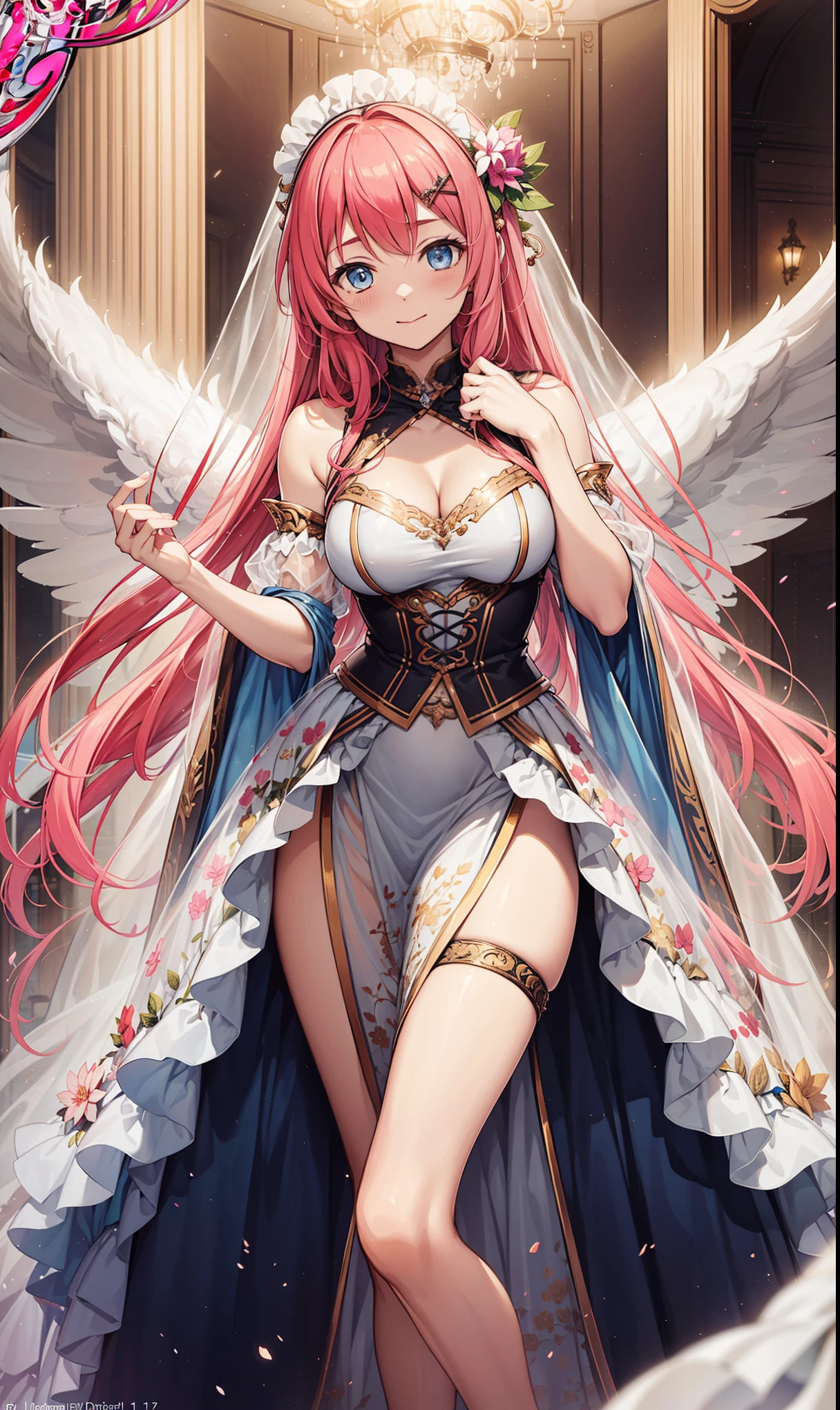 (((Masterpiece))), Morganite Gemstones. (super detail, top quality, high resolution, 8k wallpaper, beautiful clothes), full body. Pink hair.green eyes. Hair above one eye, goddess, white clothes ((big white angel wing)) nose blush. hug. Smile, sparkle, seen from the front. Sky. ribbon