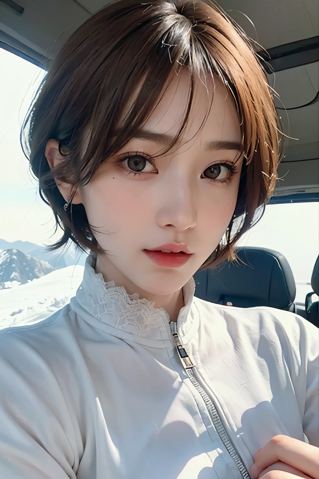 highest quality、masterpiece、ultra high resolution、(real:1.4)、Beautiful woman１、Beautiful details of eyes and skin、light brown short cut hair、The perfect spacesuit、spaceship、snow原、snow、