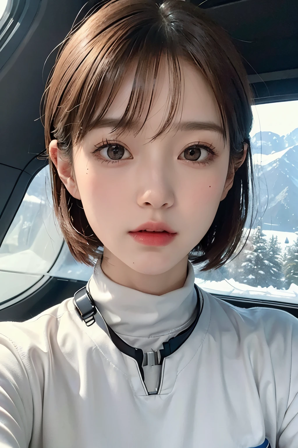highest quality、masterpiece、ultra high resolution、(real:1.4)、Beautiful woman1、Beautiful details of eyes and skin、light brown short cut hair、The perfect spacesuit、spaceship、snow原、snow、