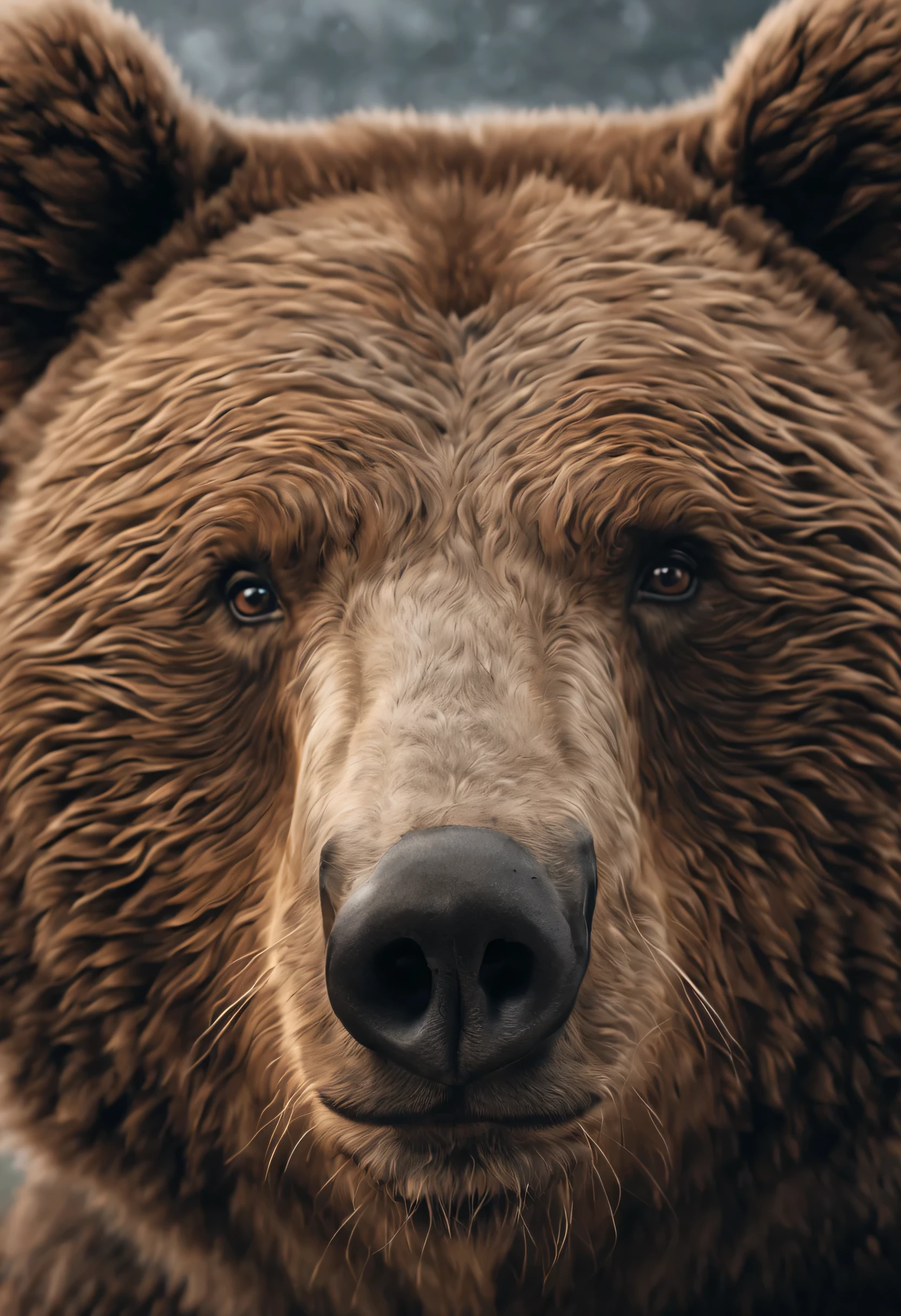 (ultra realistic), 4k,a big cute brown bear face is smelling near the camera,move nose, day, (fog)