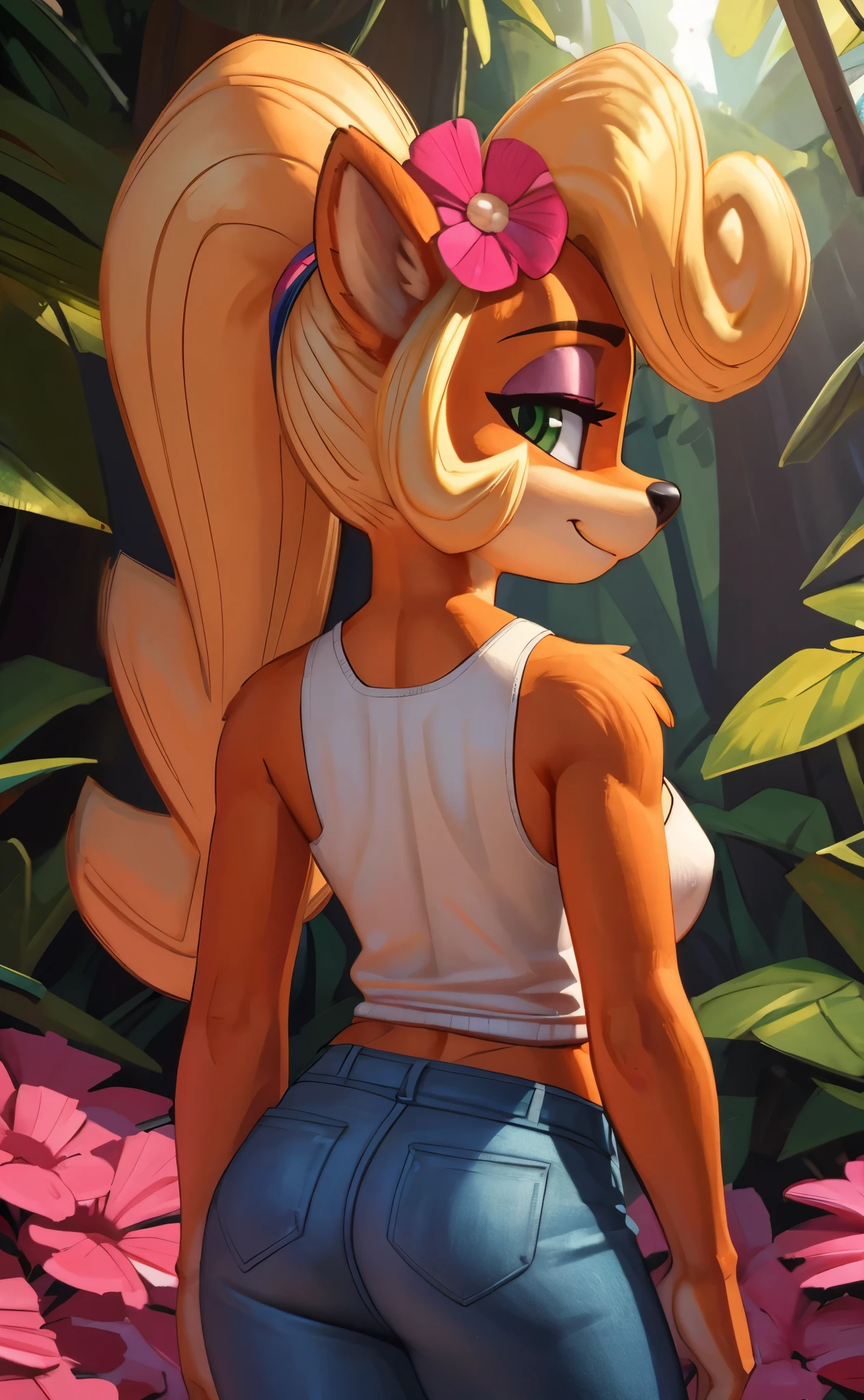 [Coco bandicoot], [Uploaded to e621.net; (Pixelsketcher), (wamudraws)}, ((masterpiece)), ((HD)), ((high res)), ((solo portrait)), ((waist-up)), ((back view)), ((furry; anthro)), ((detailed fur)), ((detailed shading)), ((beautiful render art)), ((intricate details)), {anthro; orange fur, black nose, (cute green eyes), (half-closed eyes), (short eyelashes), (pink eyeshadow), blonde curly hair, curly ponytail, (curvy hips), (beautiful legs), (cute smirk)}, {(white tank top), (tight jeans), (pink flower in hair)}, {(standing), (looking back), (looking at viewer)}, [background; (tropical forest), (beaten path), (blue sky), (sun rays), (ambient lighting)]